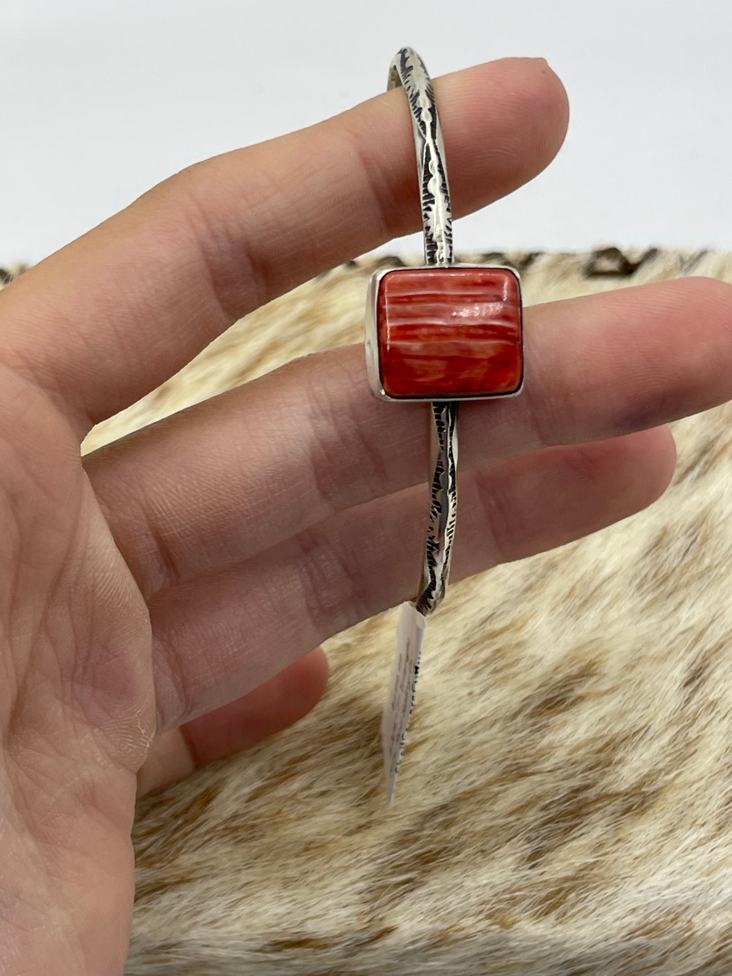 5 3/4"-7" Triangle Wire Red Spiny Oyster Shell Square Cuff by Judith Dixon, Navajo