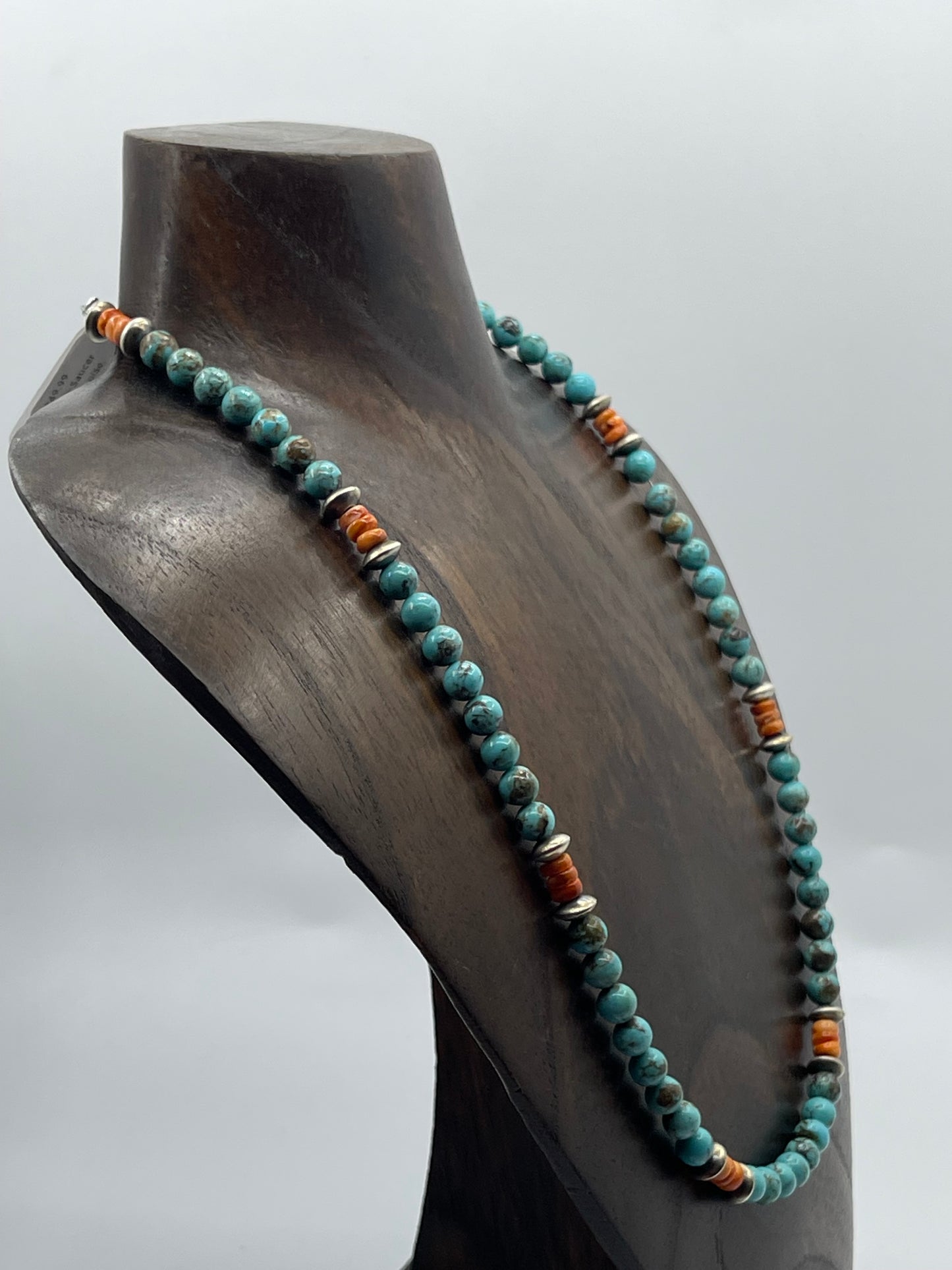 20" Navajo Saucer Beads, Turquoise, and Orange Spiny Oyster Shell Necklace by Tammy Nolcott, Navajo