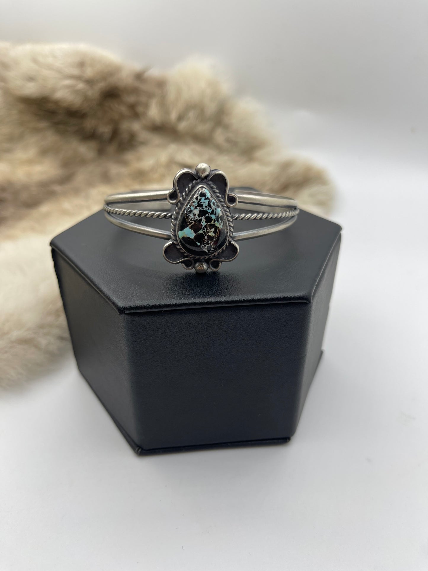 5.5”-7.25” Blackjack Turquoise Cuff by Thompson Piaso, Navajo