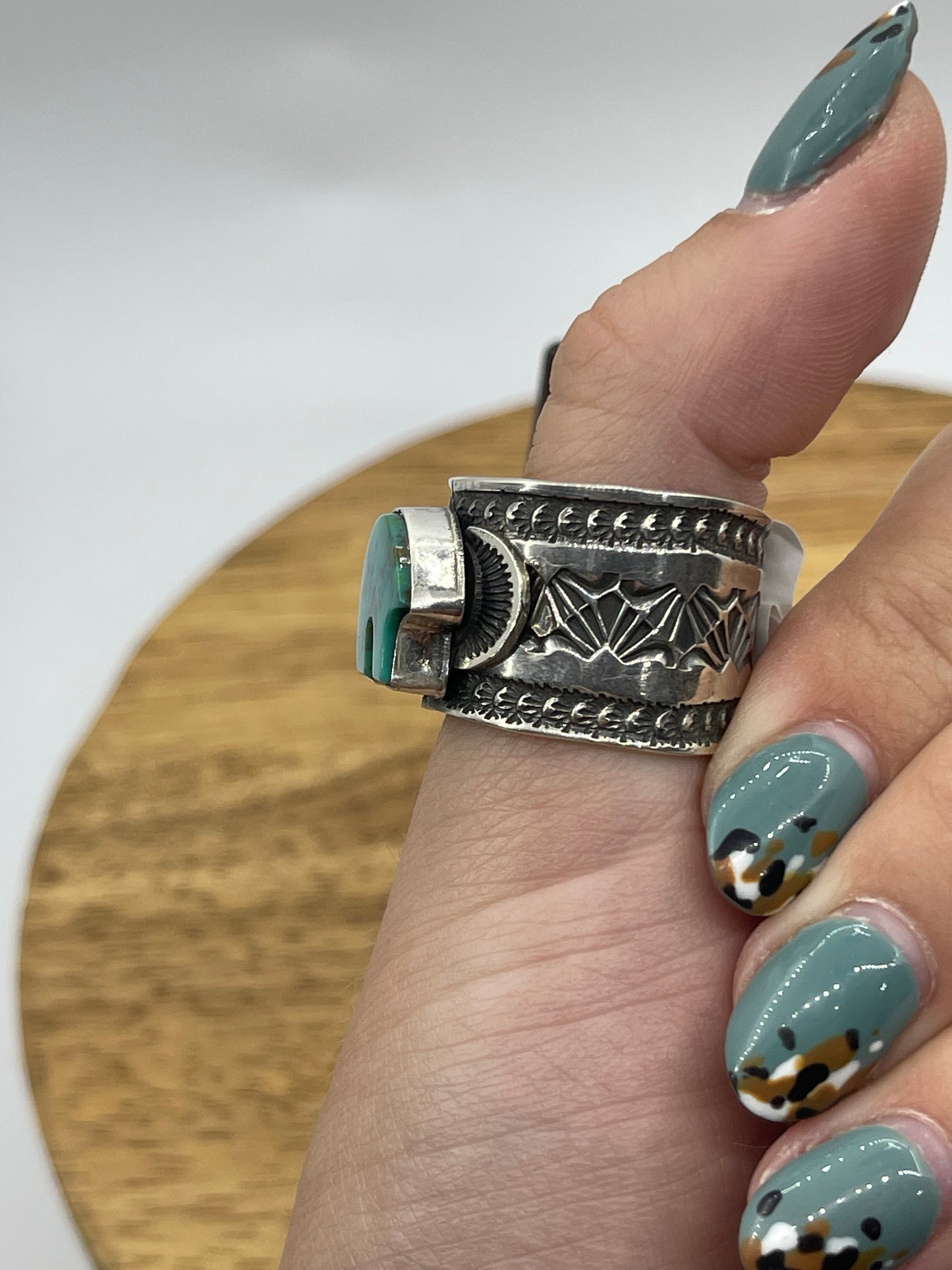 10.0 Turquoise Bear Stamped Ring by Sunshine Reeves, Navajo