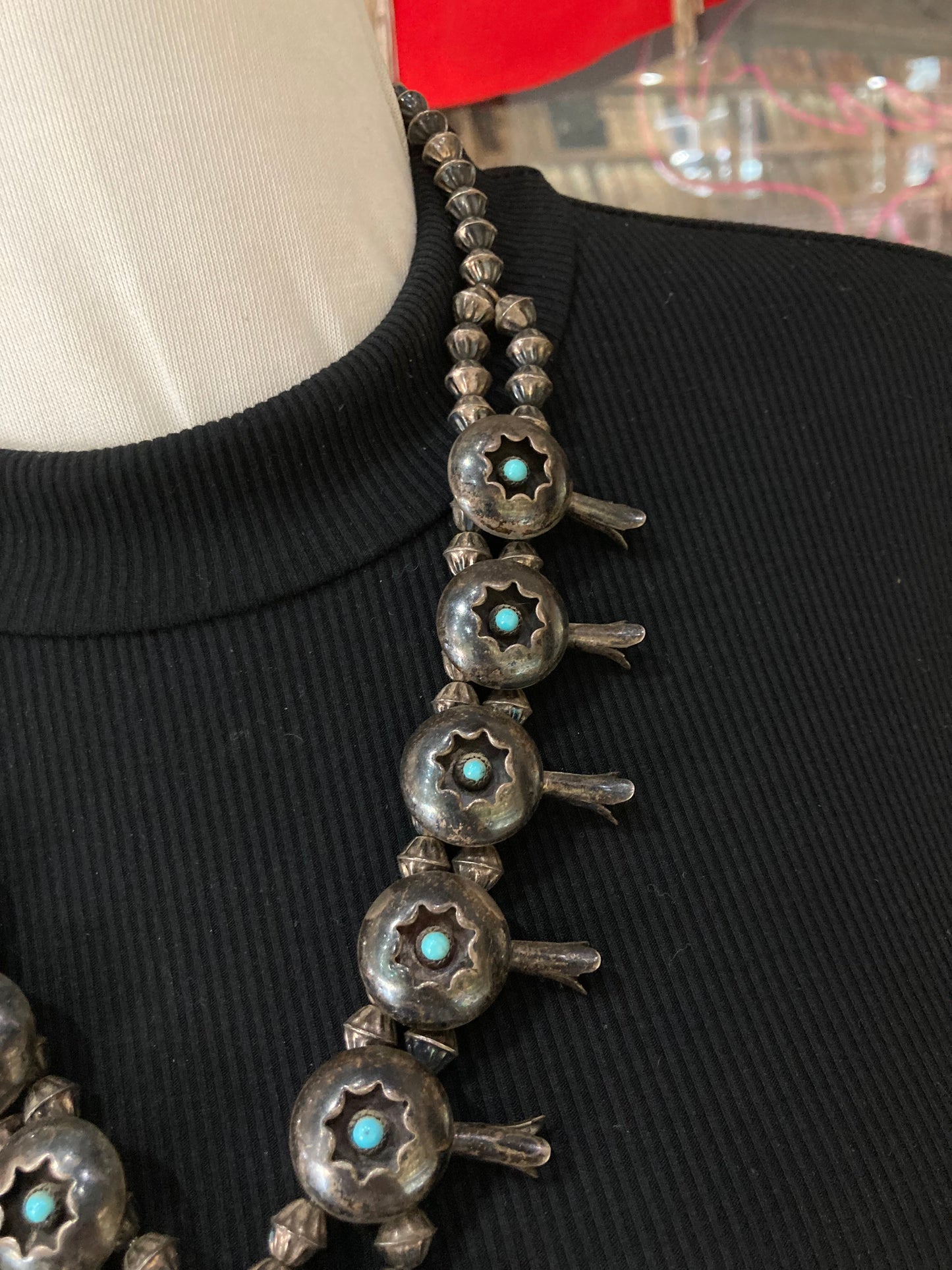 24" Vintage Turquoise Shadowbox Squash Blossom and 5 3/4"-7" Cuff Set