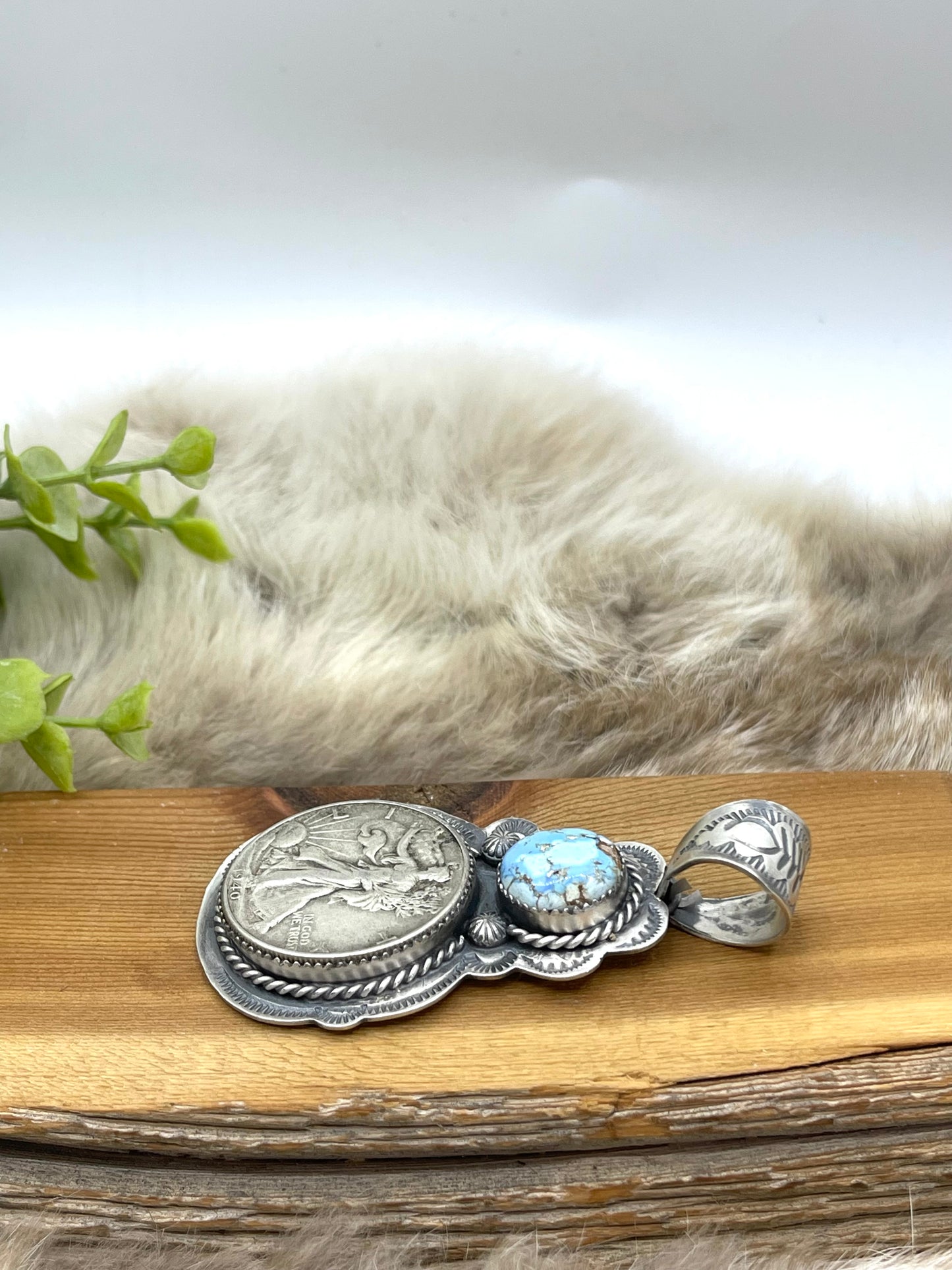 1940 Silver Walking Liberty Half Dollar and Golden Hills Turquoise Pendant