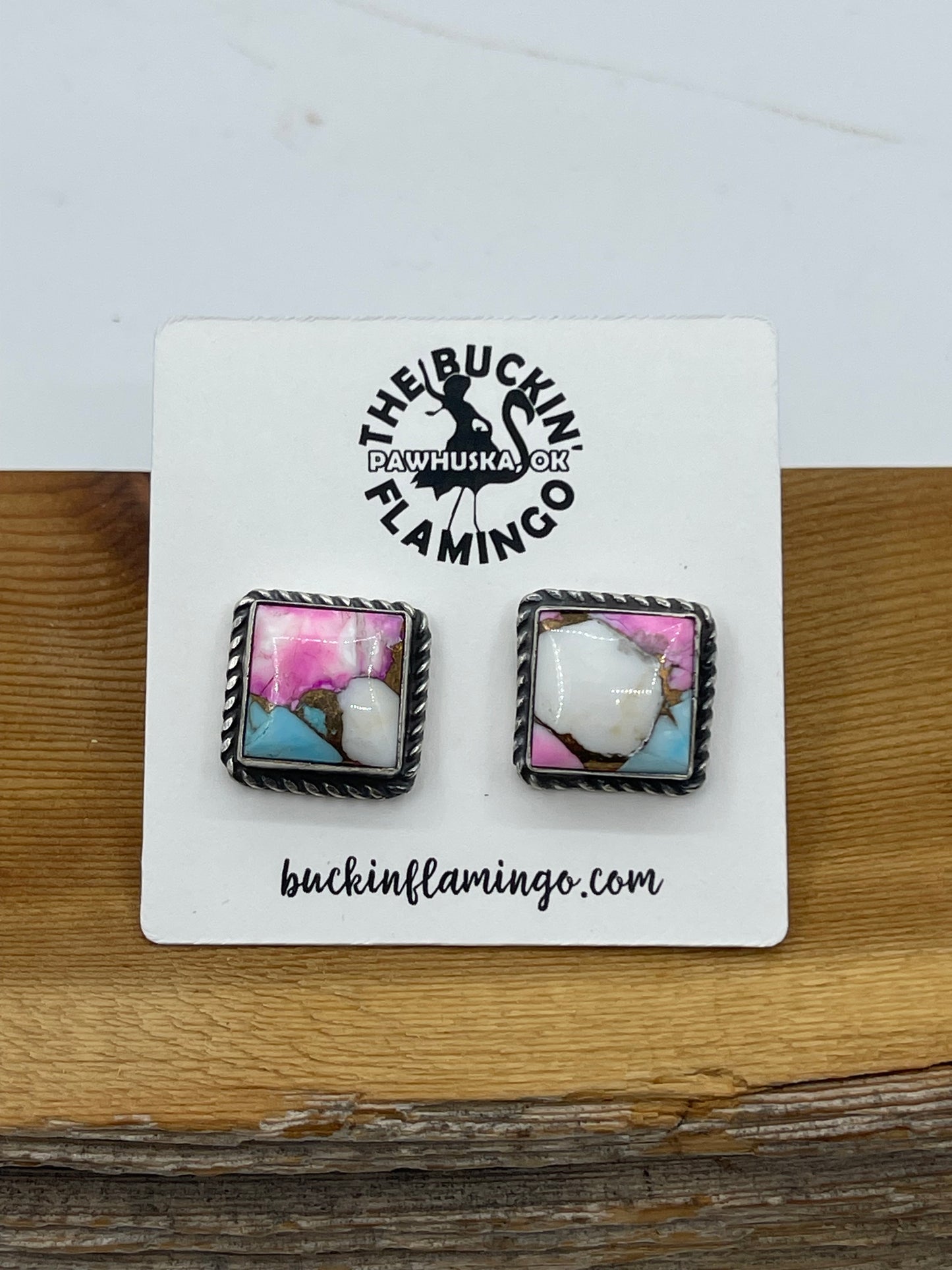 Cotton Candy Square Post Earrings by Eugene Belone, Navajo