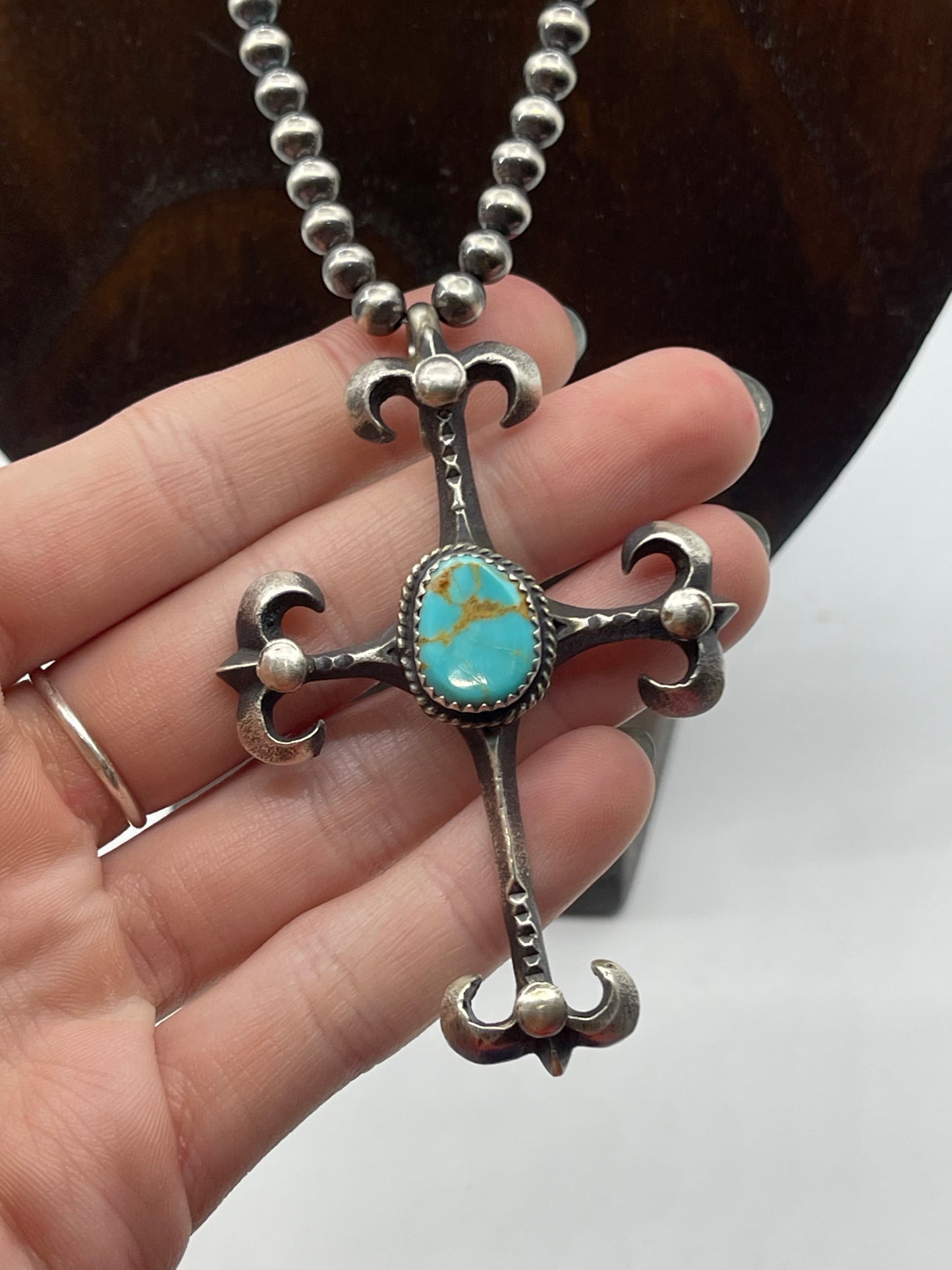 18" 5mm Navajo Pearls with a Turquoise Cross by Martha Cayatineto, Navajo