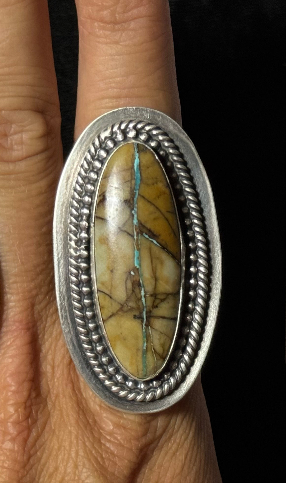 8.0-12.0 Ribbon Turquoise Adjustable Ring by Delbert Secatero, Navajo