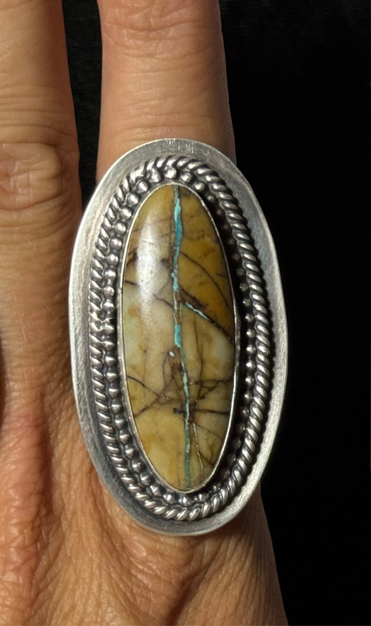 8.0-12.0 Ribbon Turquoise Adjustable Ring by Delbert Secatero, Navajo