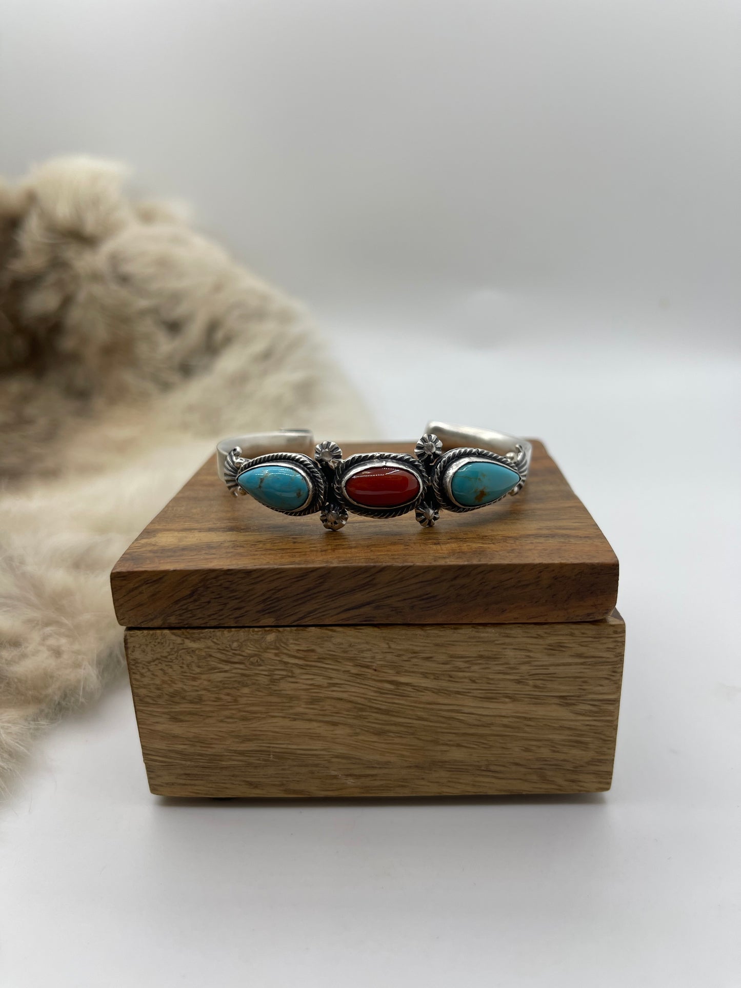 6”-6.5” Turquoise & Red Coral Cuff by Harry B. Yazzie, Navajo
