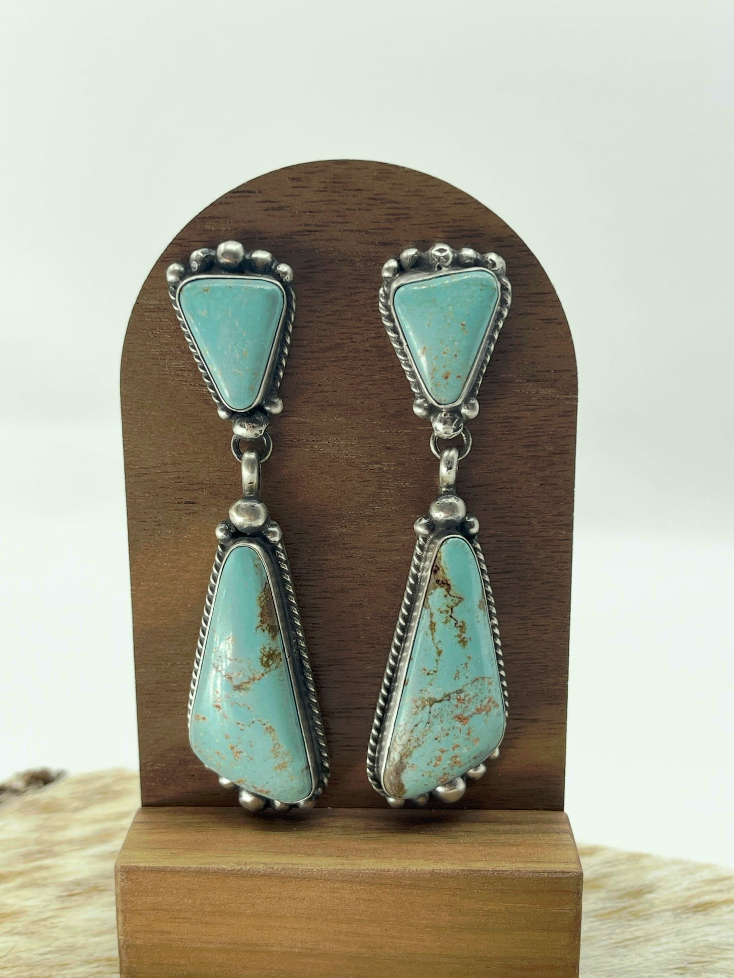 2 Stone Kingman Turquoise Drop Dangle Post Earrings by Elouise Kee, Navajo