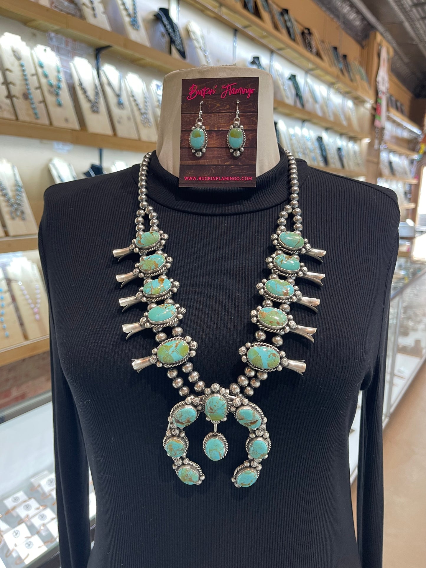 26" Kingman Turquoise Squash Blossom + 4” Naja & Earrings by Augustine Largo, Navajo