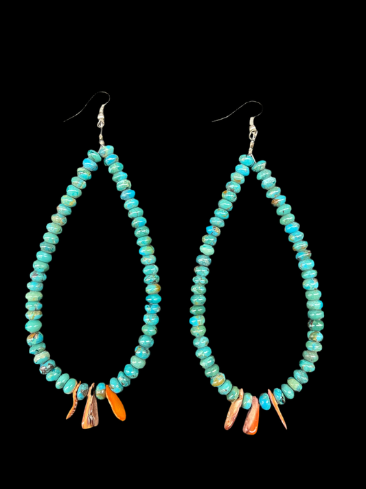 Long Turquoise Bead with Spiny Oyster Shell Tear Drop Dangles