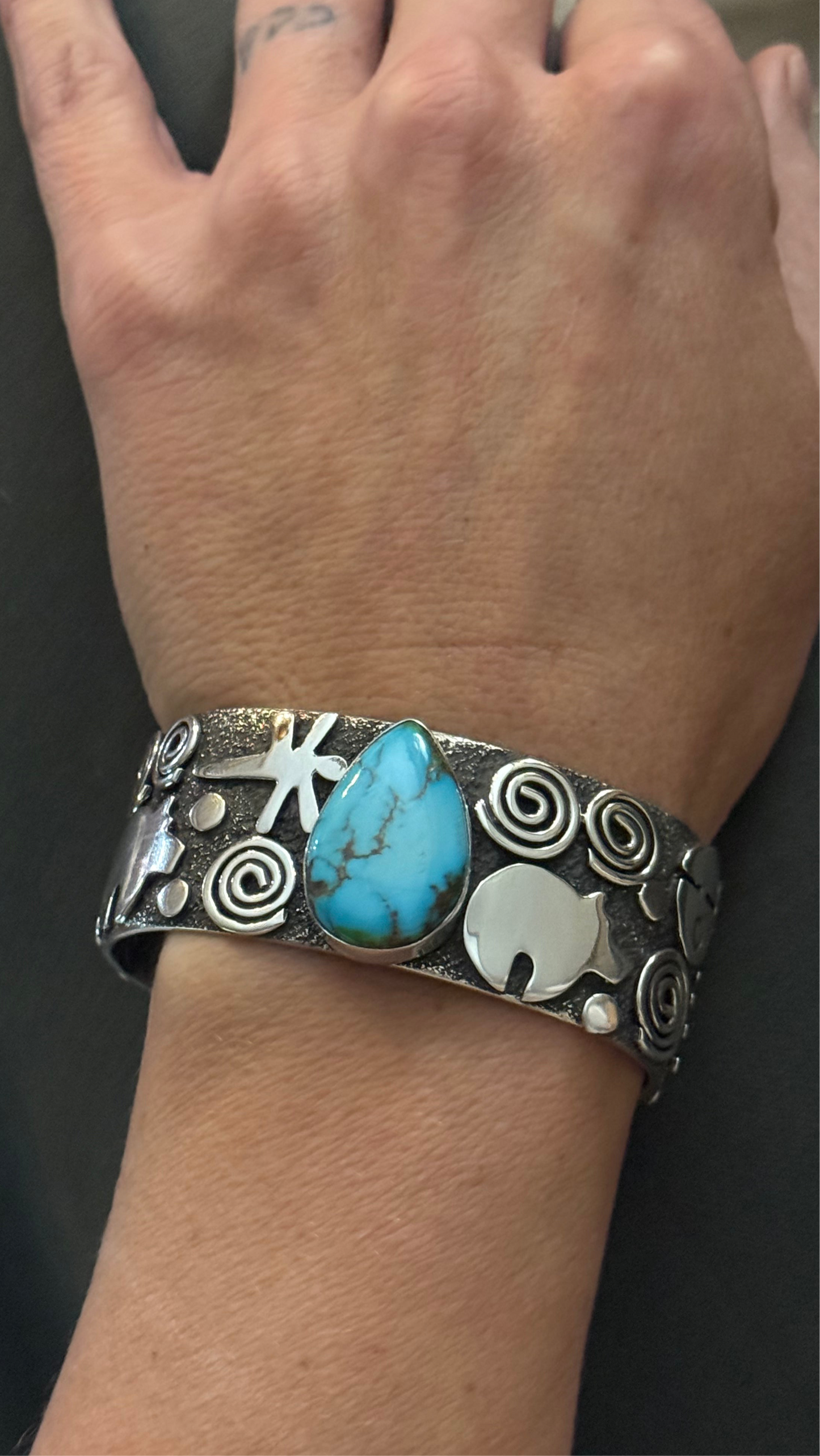 Petroglyph Cuff with High Grade Kingman Turquoise by Alex Sanchez, Navajo (medium width)
