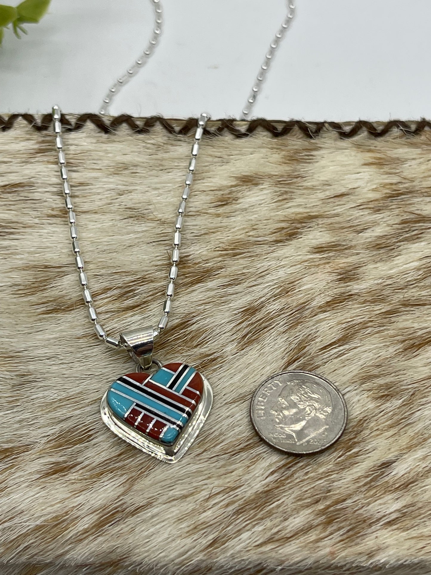 18" Coral, Turquoise & Onyx Heart Necklace by Kay Panteah, Zuni