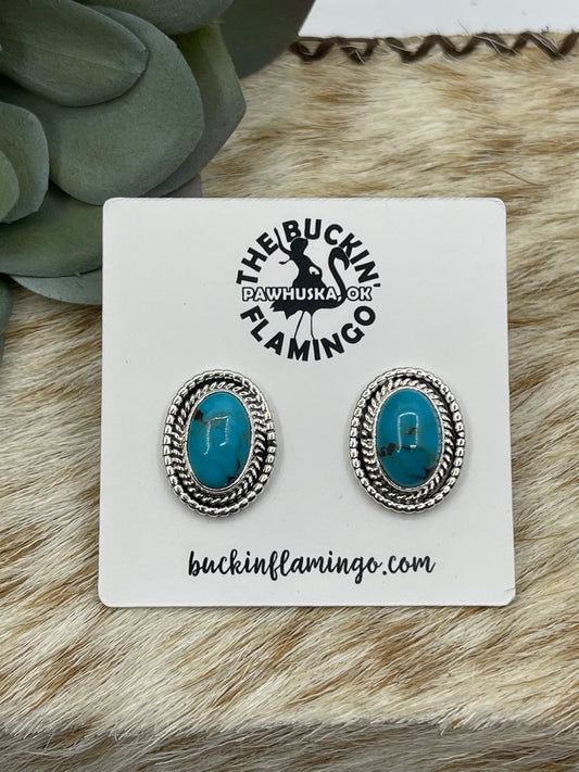 Kingman Turquoise Oval Post Earrings by Rita Largo, Navajo