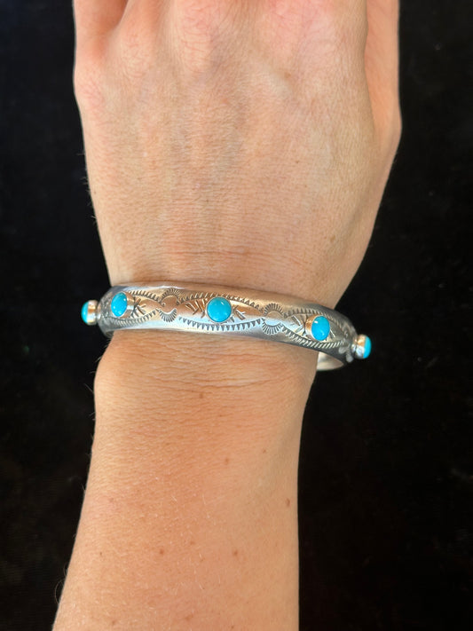 7 3/4" Sleeping Beauty Turquoise Stamped Bangle by Boyd Ashley, Navajo