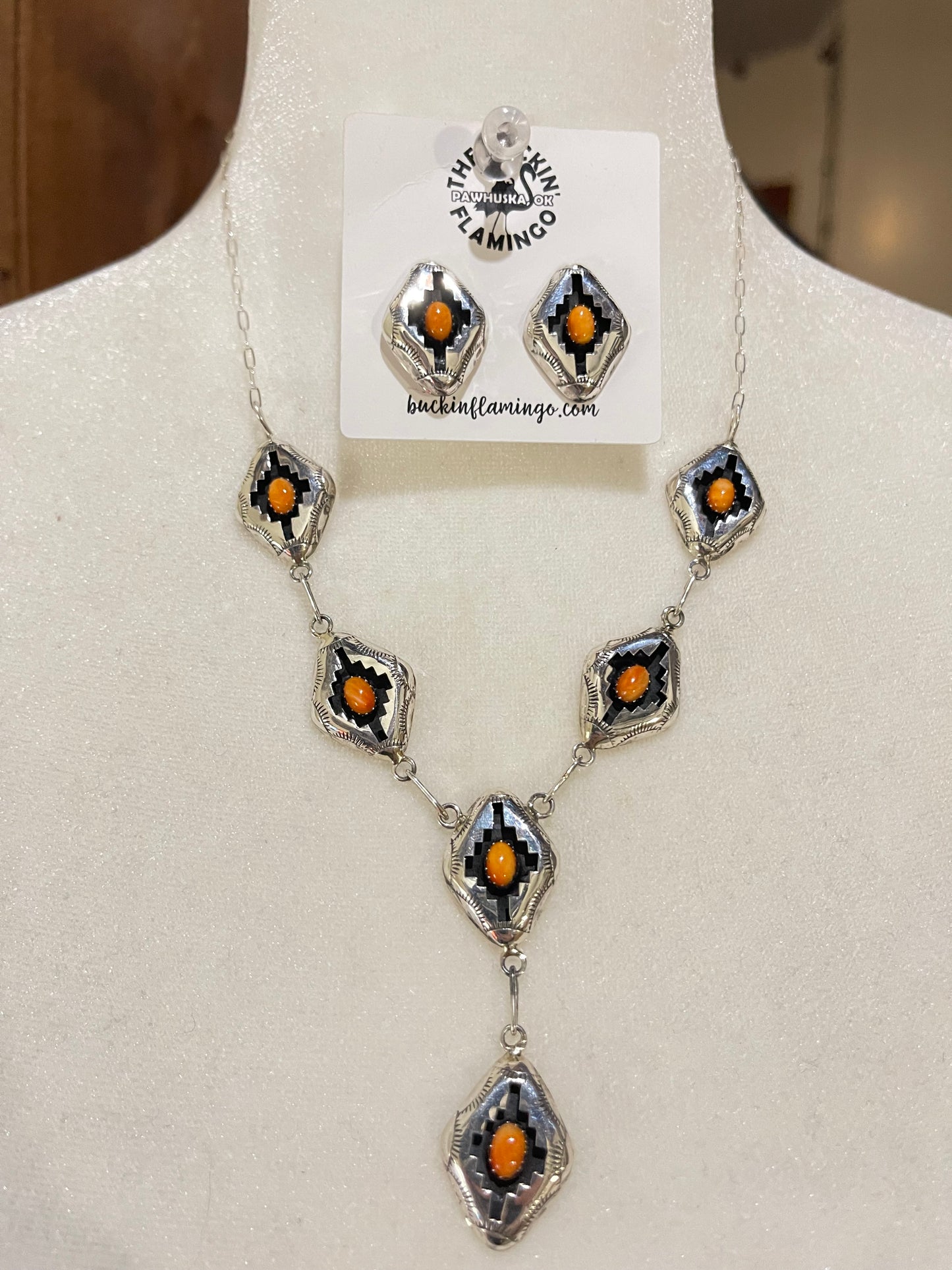18" Orange Spiny Oyster Shell Shadowbox Lariat Necklace and Post Earrings Set by Felix Perry, Navajo