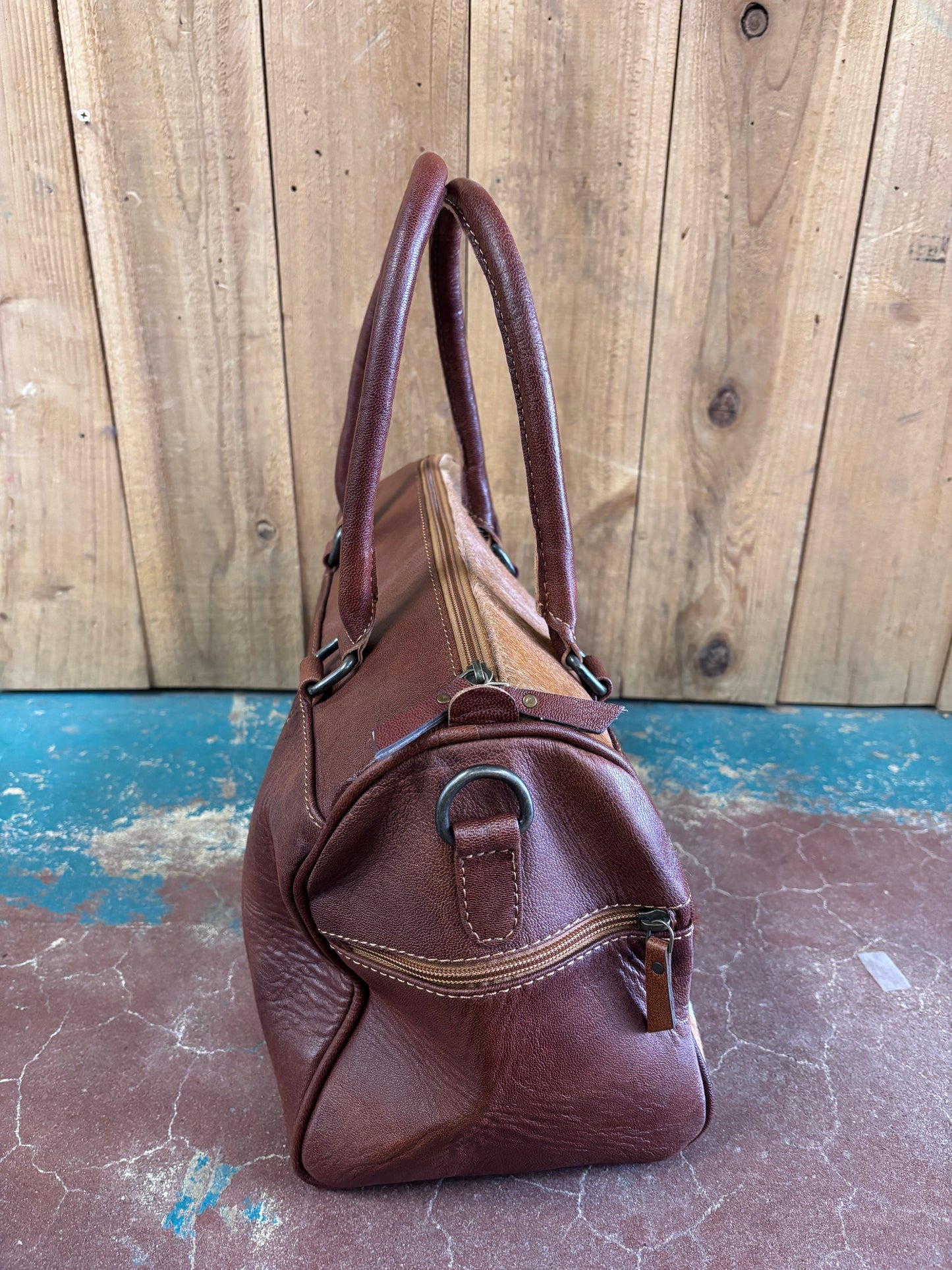 Brown and White Cowhide Leather Ace Of Spades Tooled Tote Bag