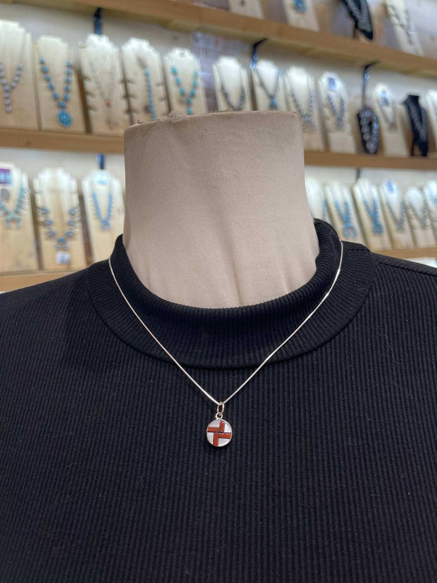18" Chain with Inlaid Circle Pendant by James Cheama, Zuni