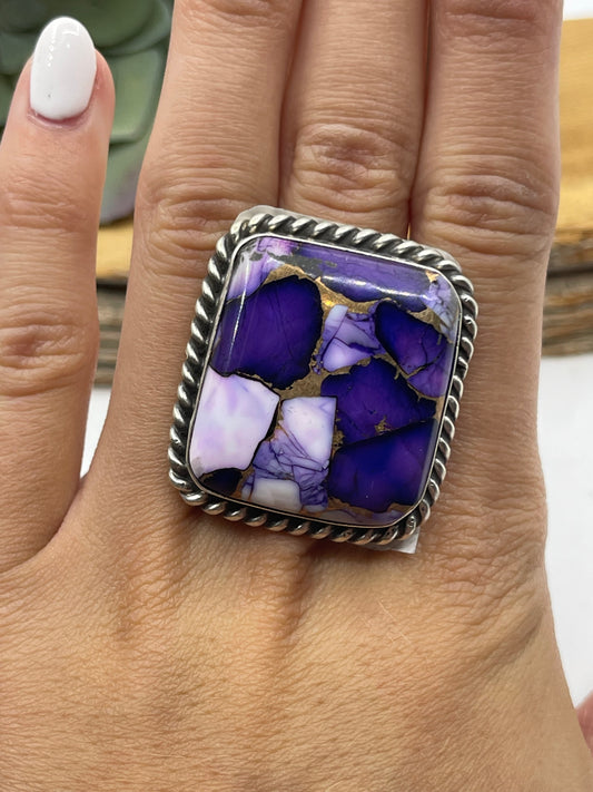 Adjustable 6.0-12.0 Lavender Dahlia Square Ring by Augustine Largo, Navajo