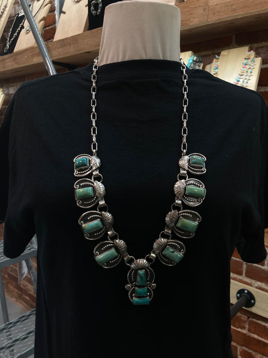 30" 11 Stone Gaspeite Turquoise Necklace by Jurado, Navajo