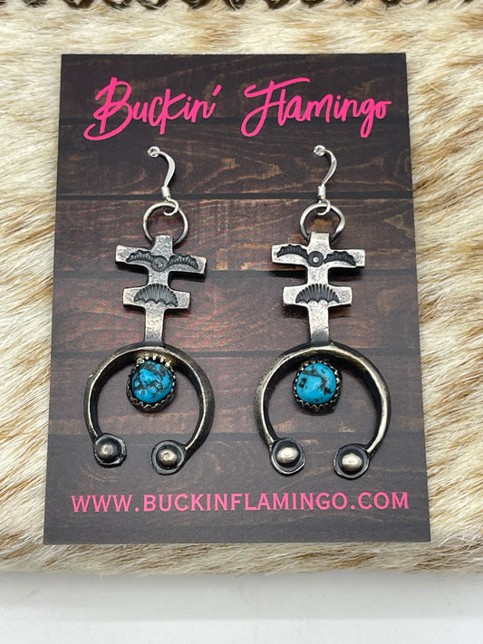 Tufa Cast Naja Turquoise Dangle Earrings by Eva and Linberg Billah, Navajo