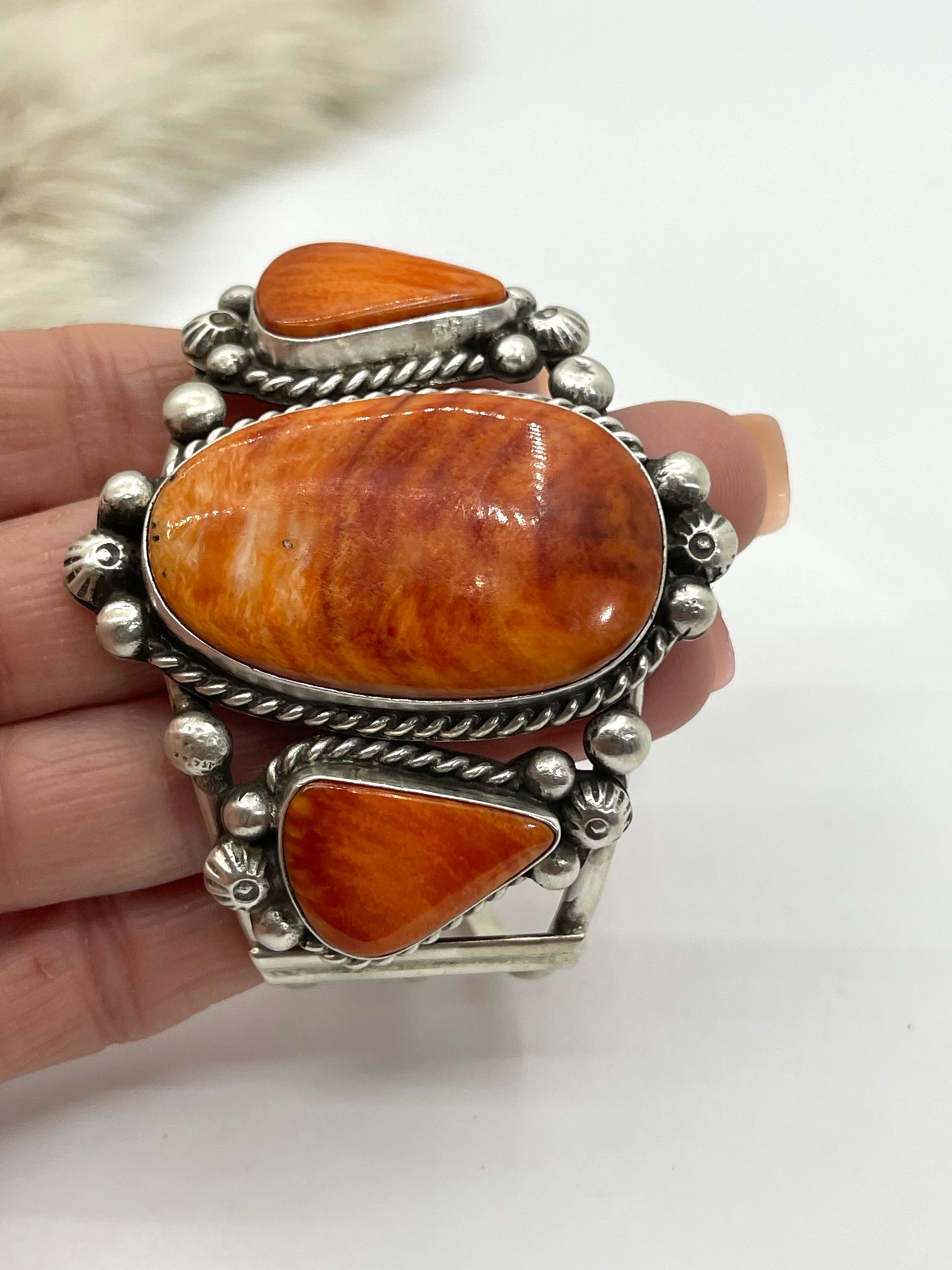 3 Stone Orange Spiny Oyster Cuff by Augustine Largo, Navajo