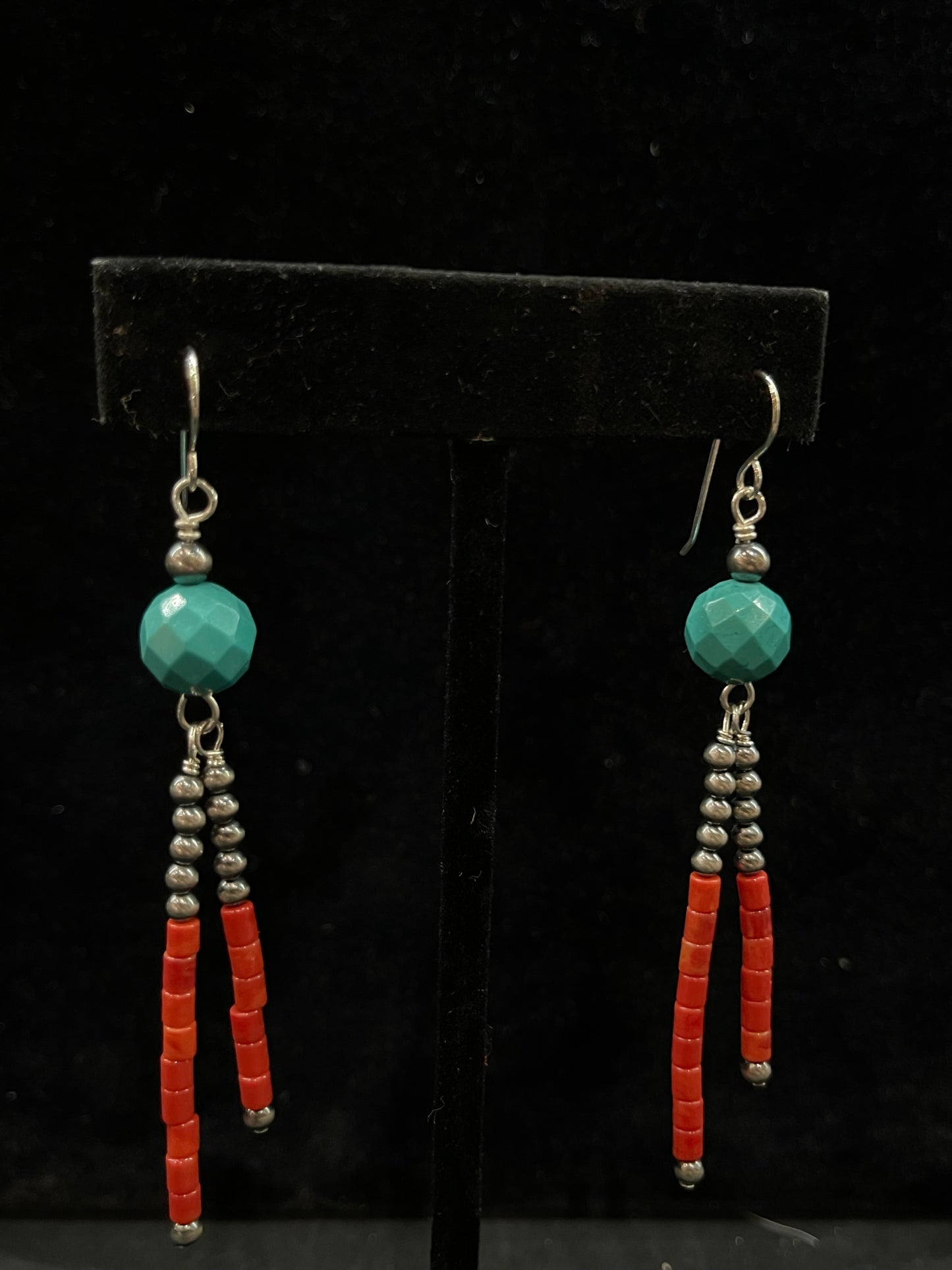 Turquoise, Red Coral, and Navajo Pearl Dangle Earrings