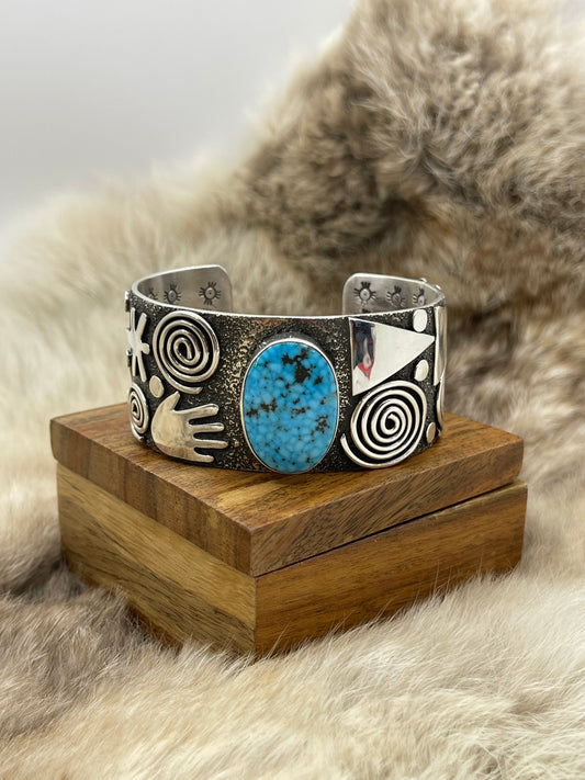 OVAL HIGH-GRADE KINGMAN SPIDERWEB TURQUOISE CUFF BY ALEX SANCHEZ, NAVAJO