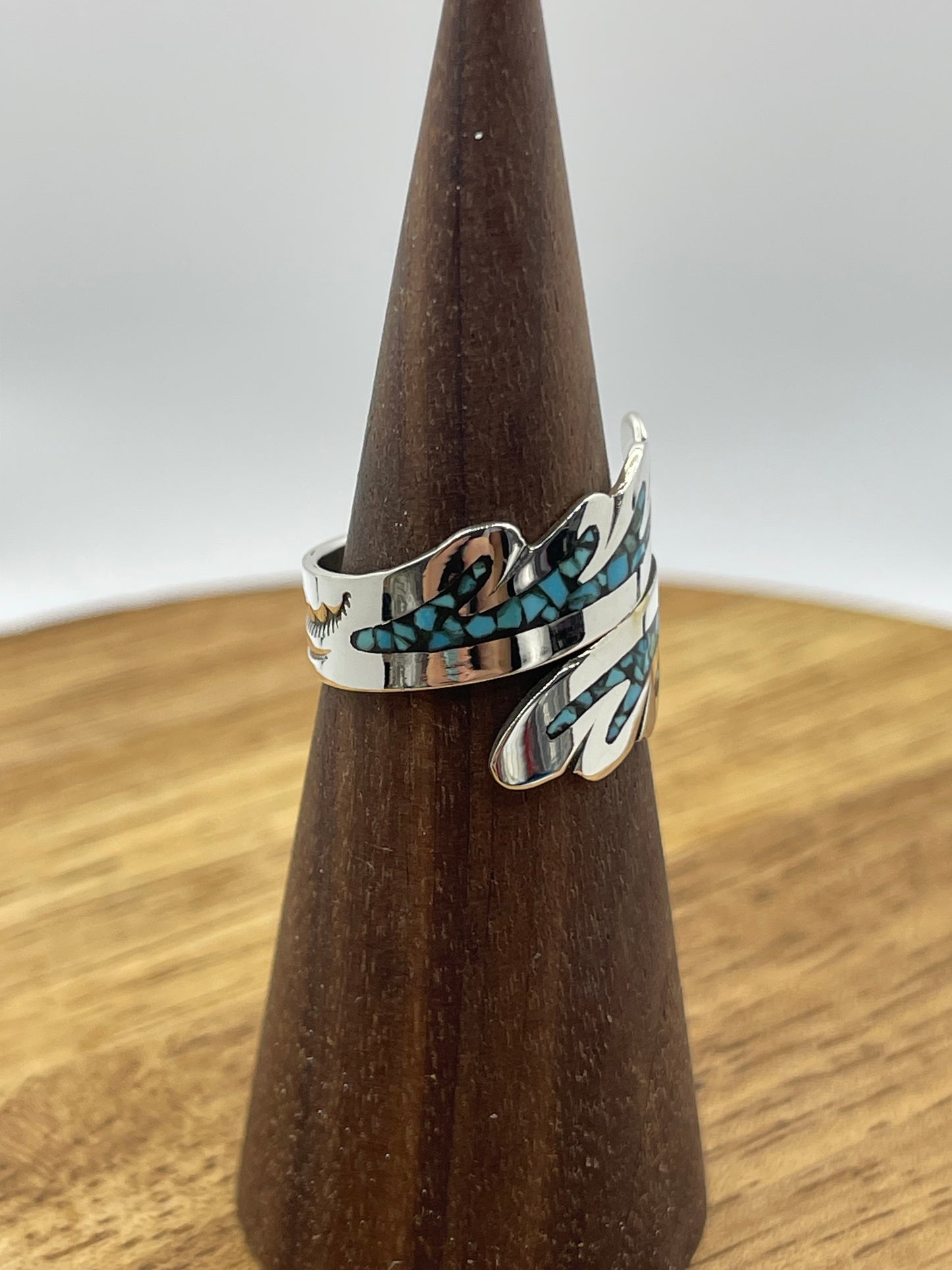 Adjustable Turquoise and Coral Chip Inlay Feather Ring (9.0-13.0)