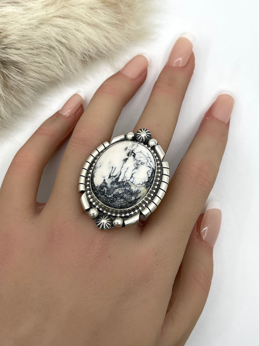 Adjustable 7.0-11.0 White Buffalo Ring by Ricardo Jurado, Mexican