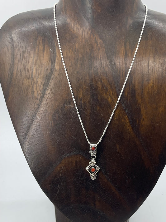 16" Red Coral Pendant Necklace by Verdi Booqua, Zuni