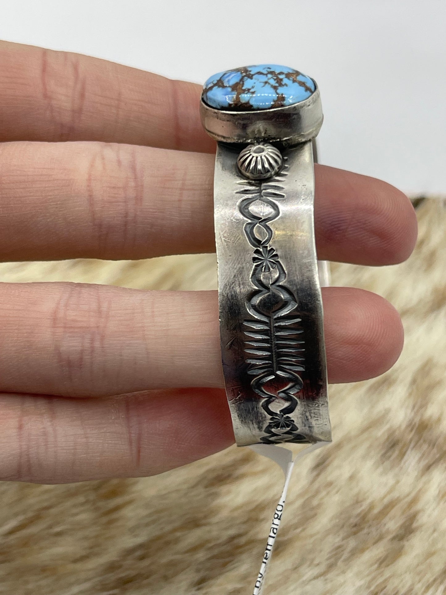 Golden Hills Turquoise Stamped Cuff by Jeff largo, Navajo