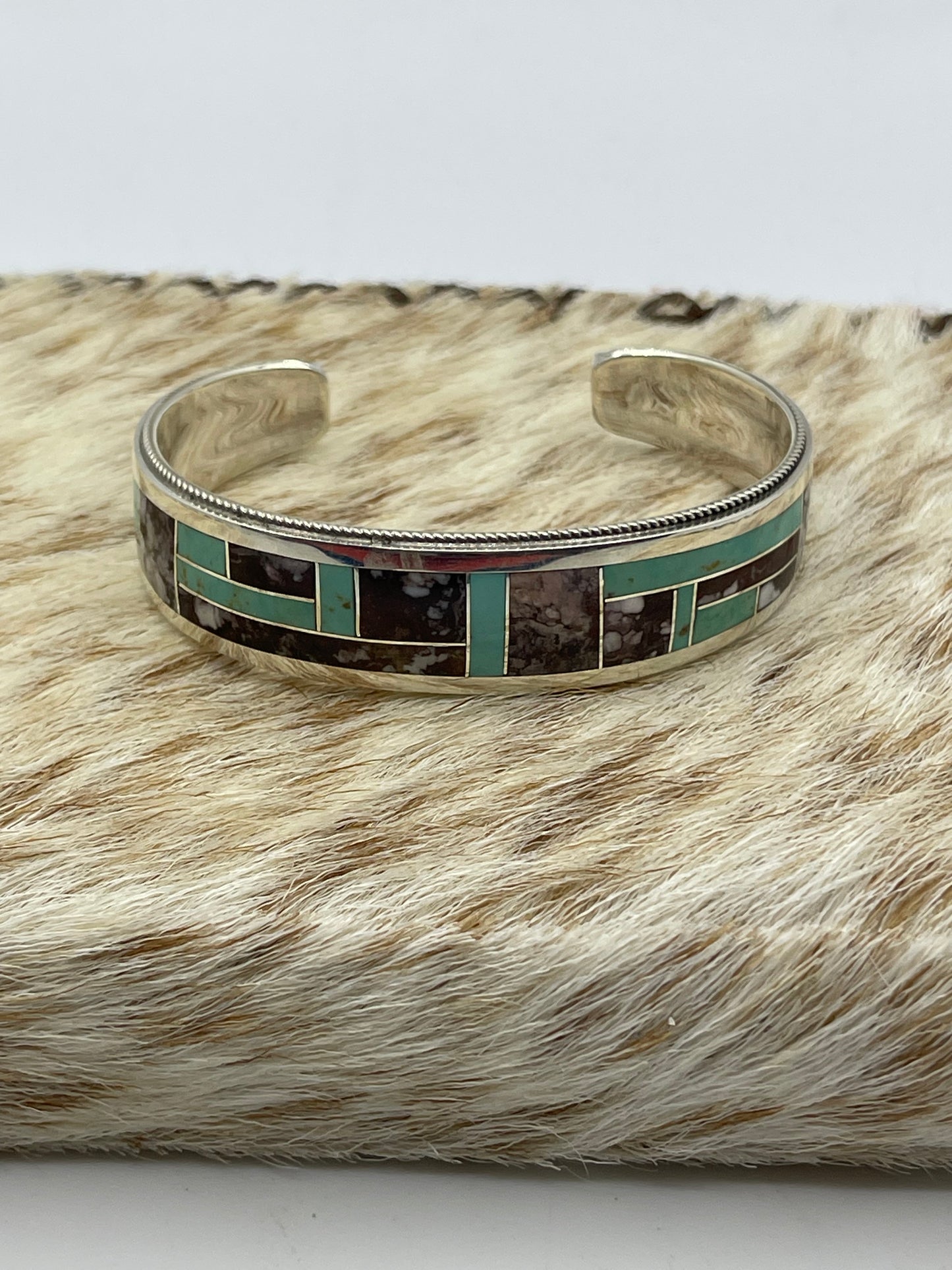 6 1/4" Wild Horse and Turquoise Inlay Cuff by Glendova Booqua, Zuni