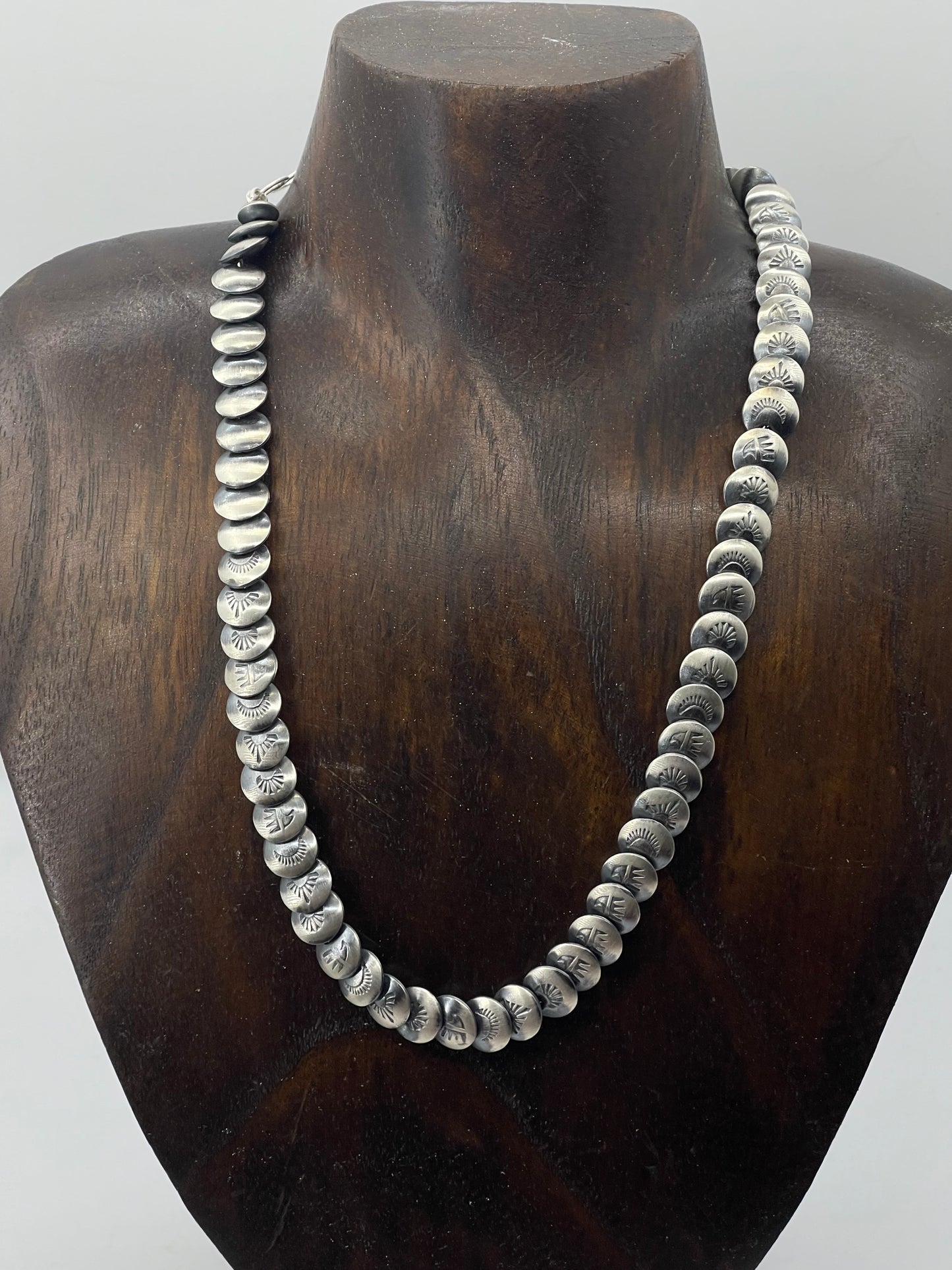 18" 9mm Stamped Pillow Beaded Necklace by Maryetta D. Kellywood, Navajo