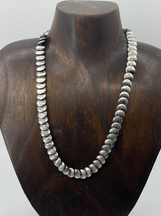 18" 9mm Stamped Pillow Beaded Necklace by Maryetta D. Kellywood, Navajo