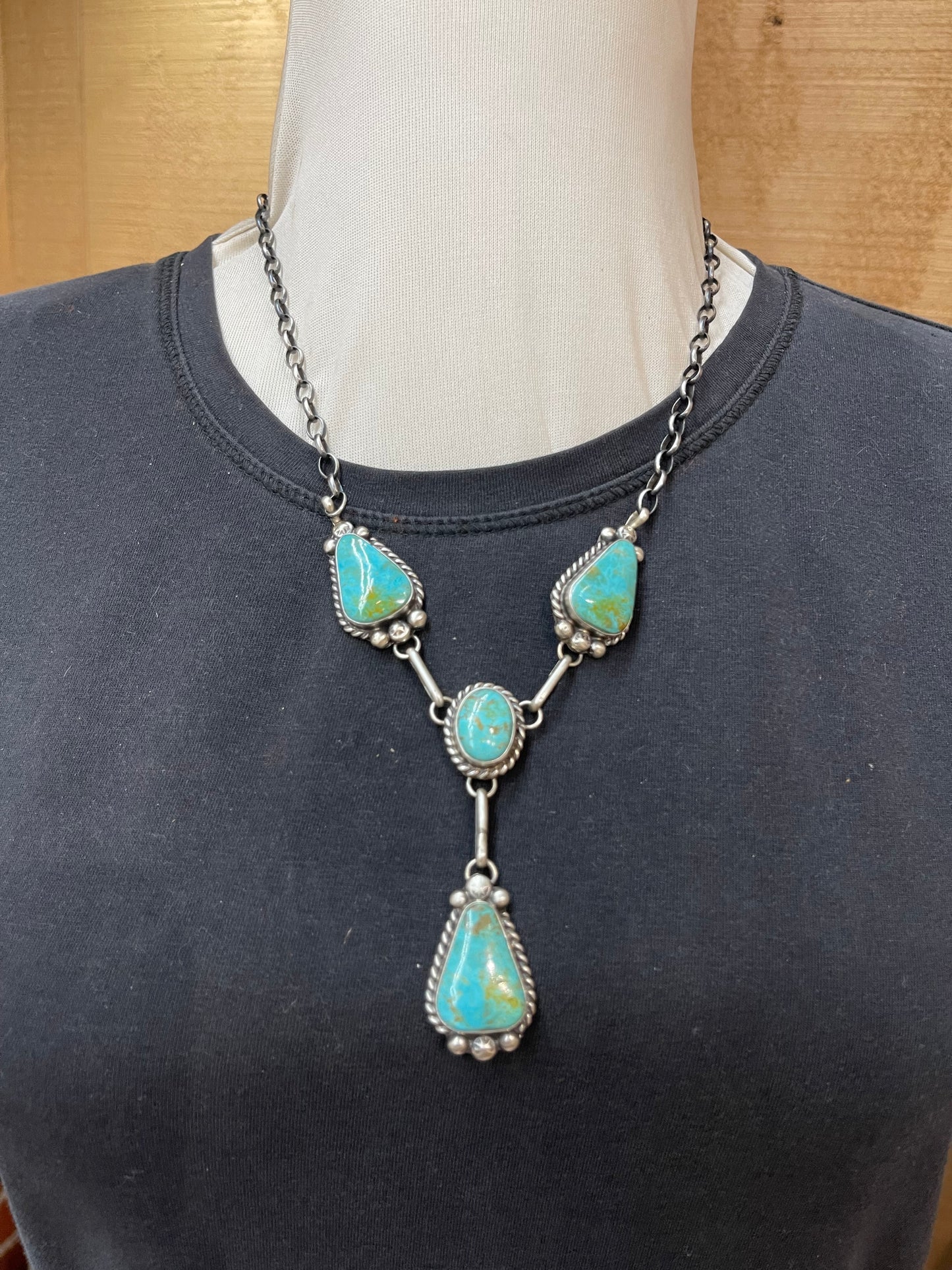 Kingman Turquoise Lariat Style Necklace with Oval Dangle Earrings by Augustine Largo, Navajo