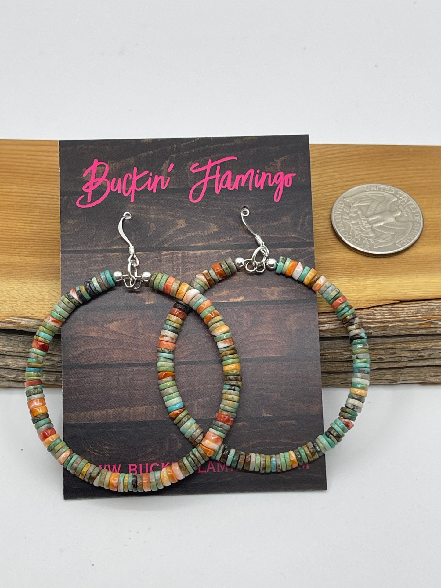 Turquoise and Spiny Oyster Shell Heishi Bead Dangle Hoop Earrings by Ramona Calabaza, Santo Domingo