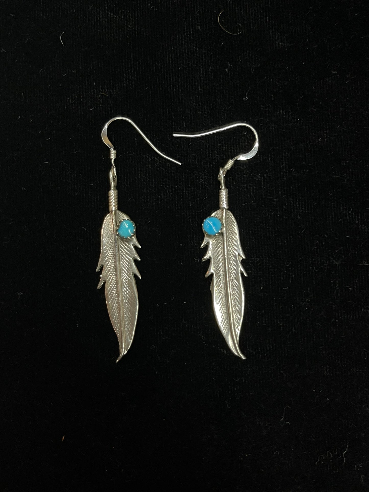 Feather Dangle Earrings with Turquoise Stone by Louise Joe, Navajo