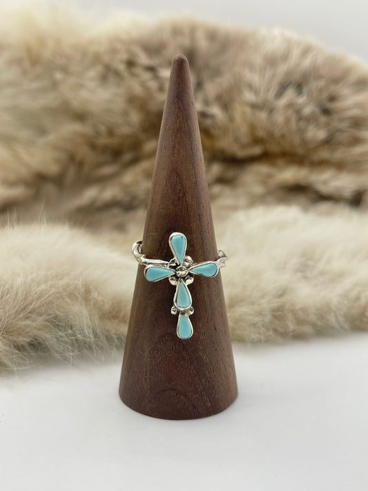 9.0 Cross Ring with Twisted Wire Band by Bryce Vacit, Zuni