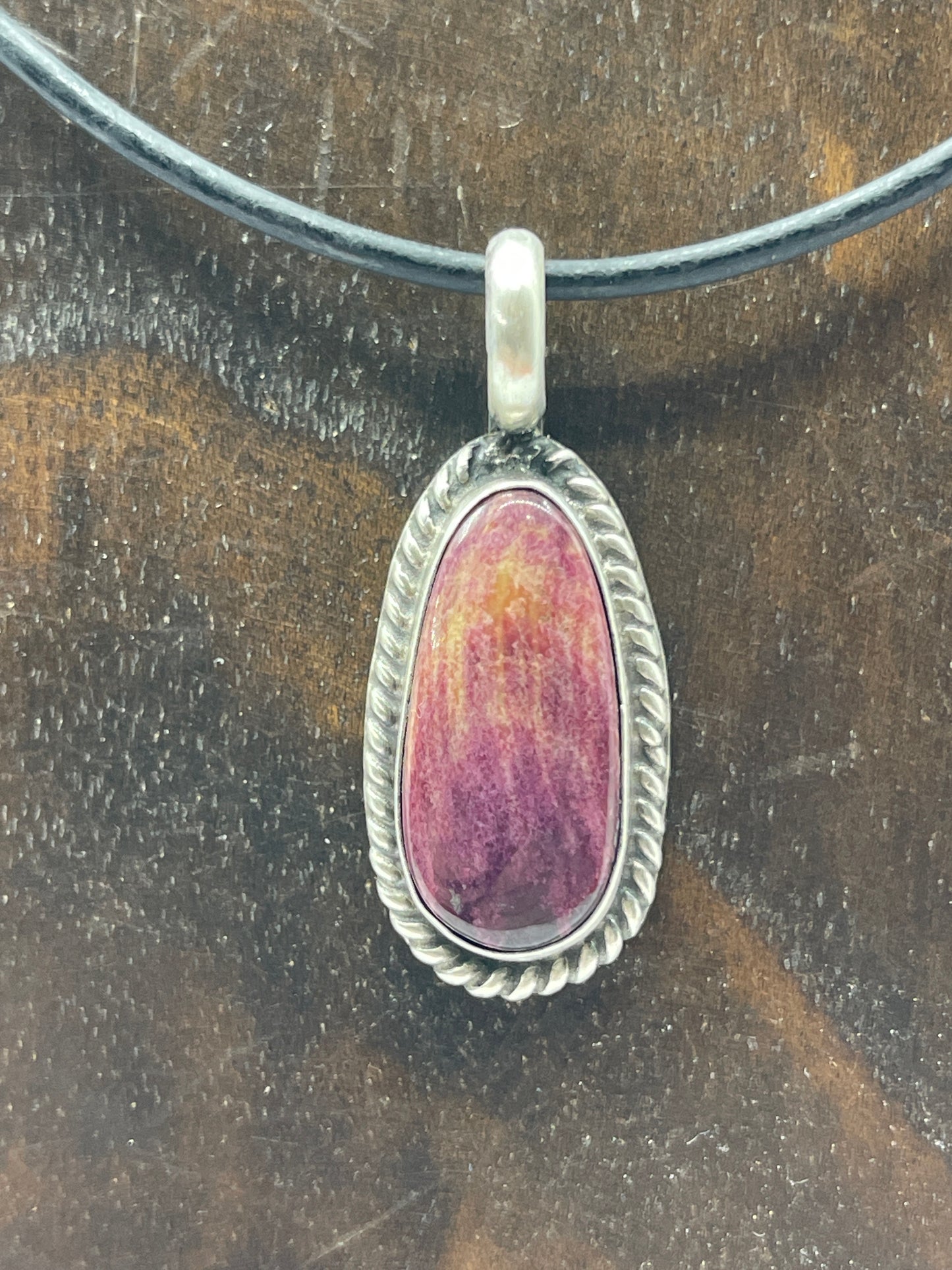 Purple Spiny Oyster Necklace On A Black Leather Cord by Johnny Dixon, Navajo