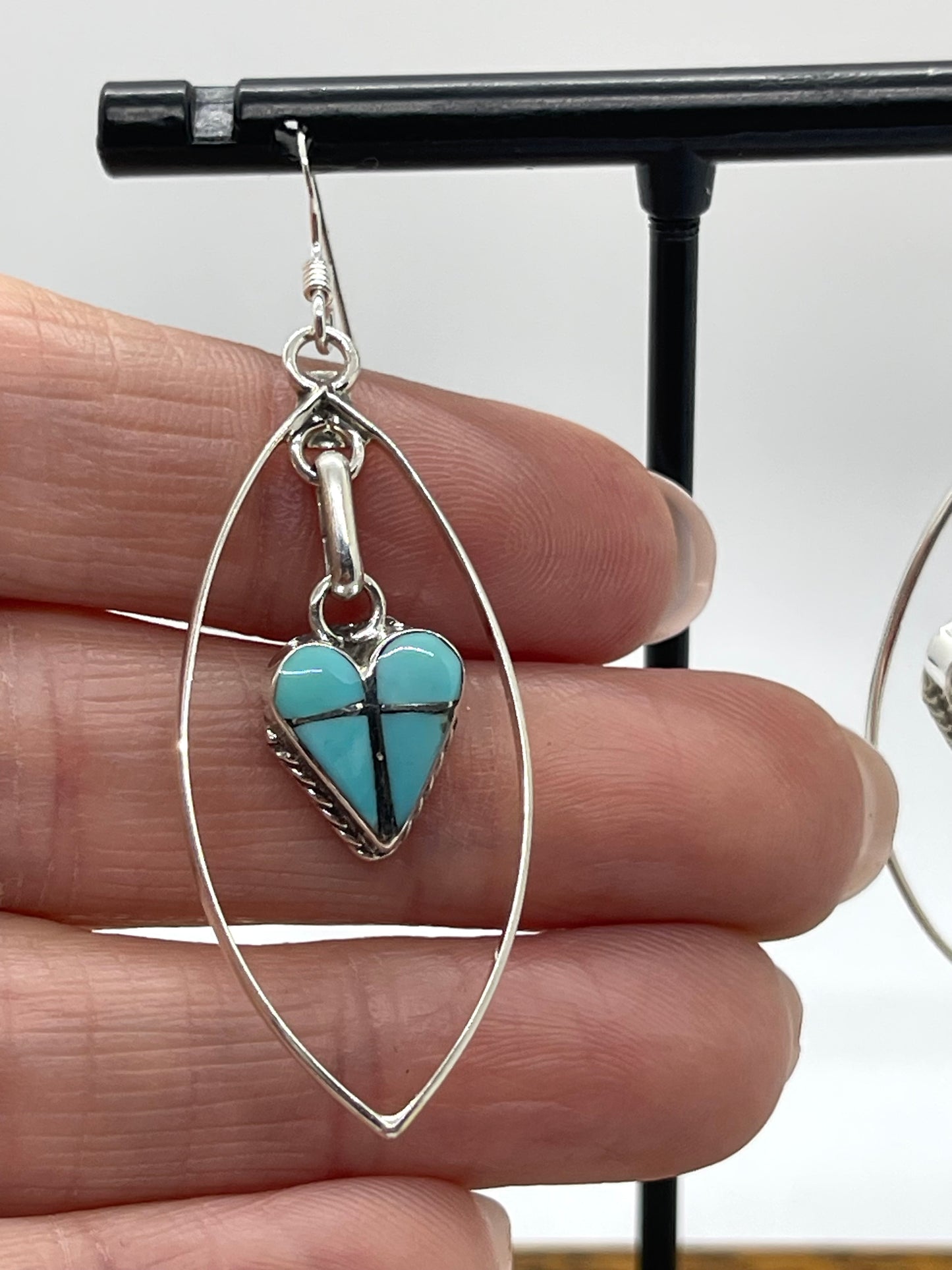 Heart Turquoise Inlay Dangle Earrings by Velda Nastacio, Zuni