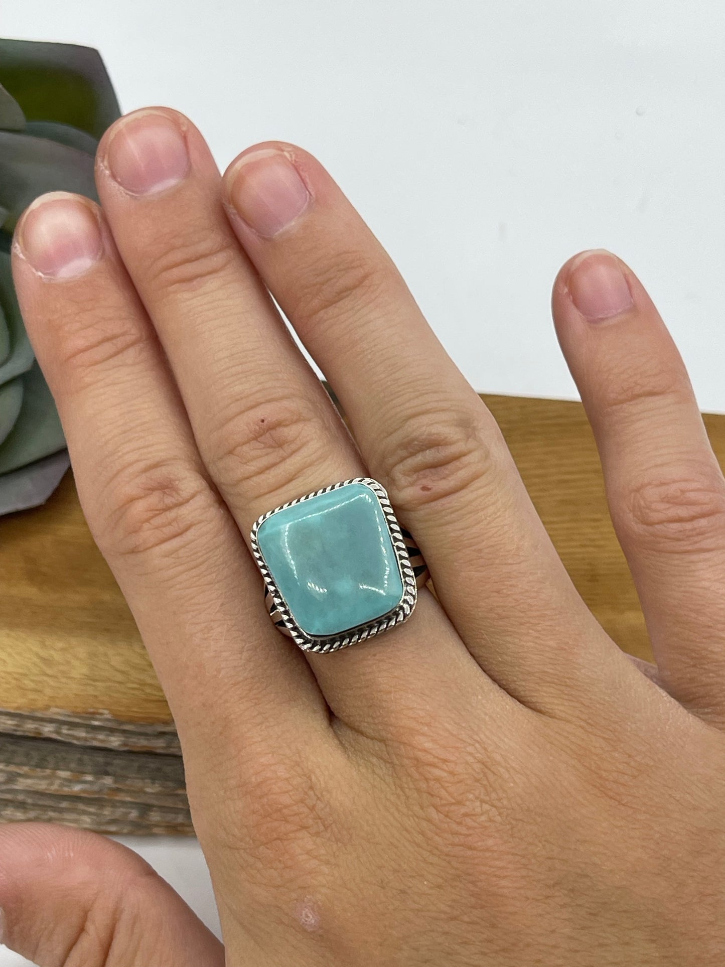 5.5 Turquoise Square Ring by Sheena Jack, Navajo