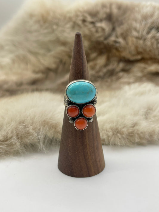 Adjustable 7.0-9.0 Turquoise & Red Coral Ring