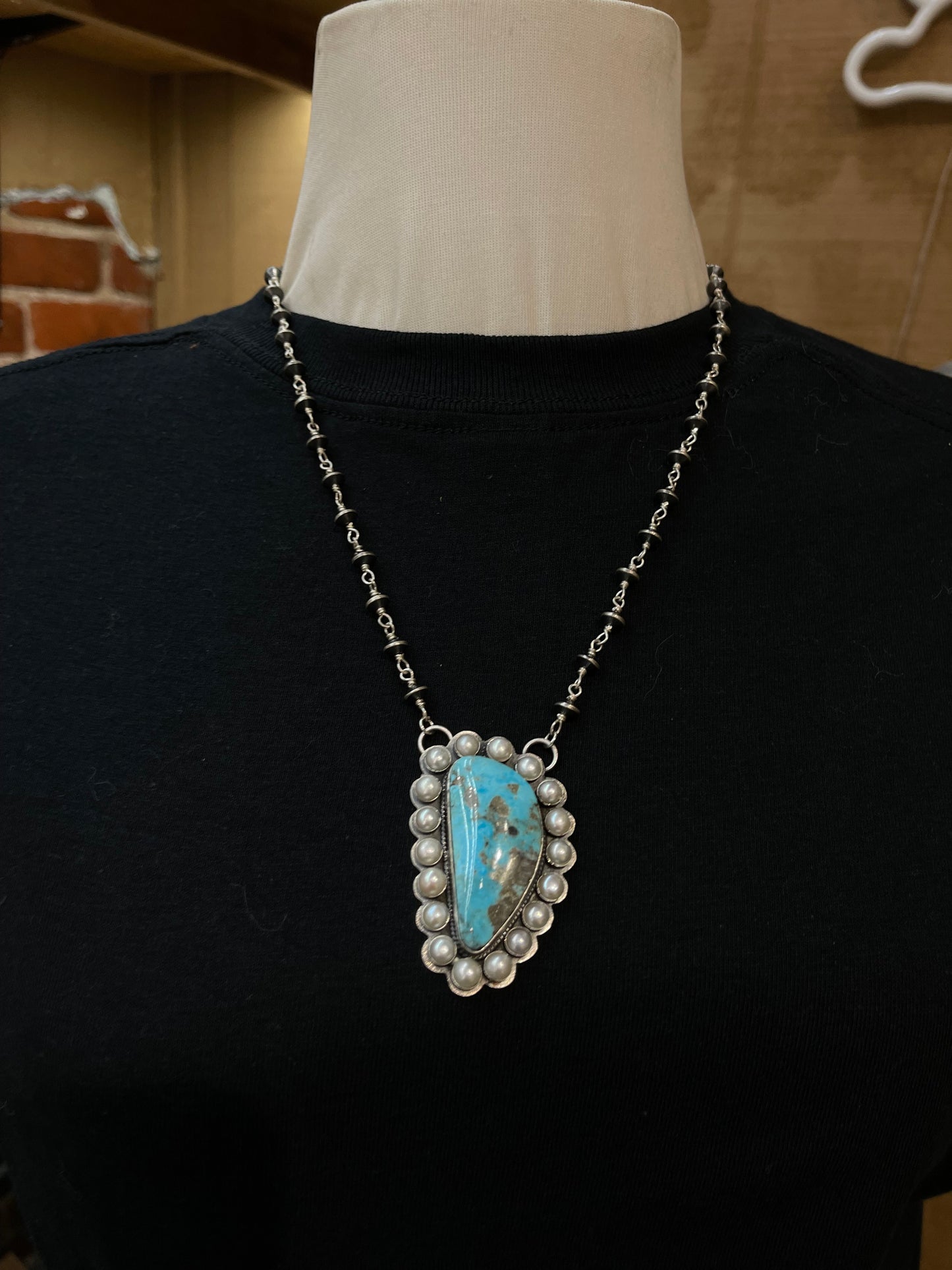 20" Turquoise and Freshwater Pearls Necklace with Navajo Saucer Pearls by Kevin Begay, Navajo