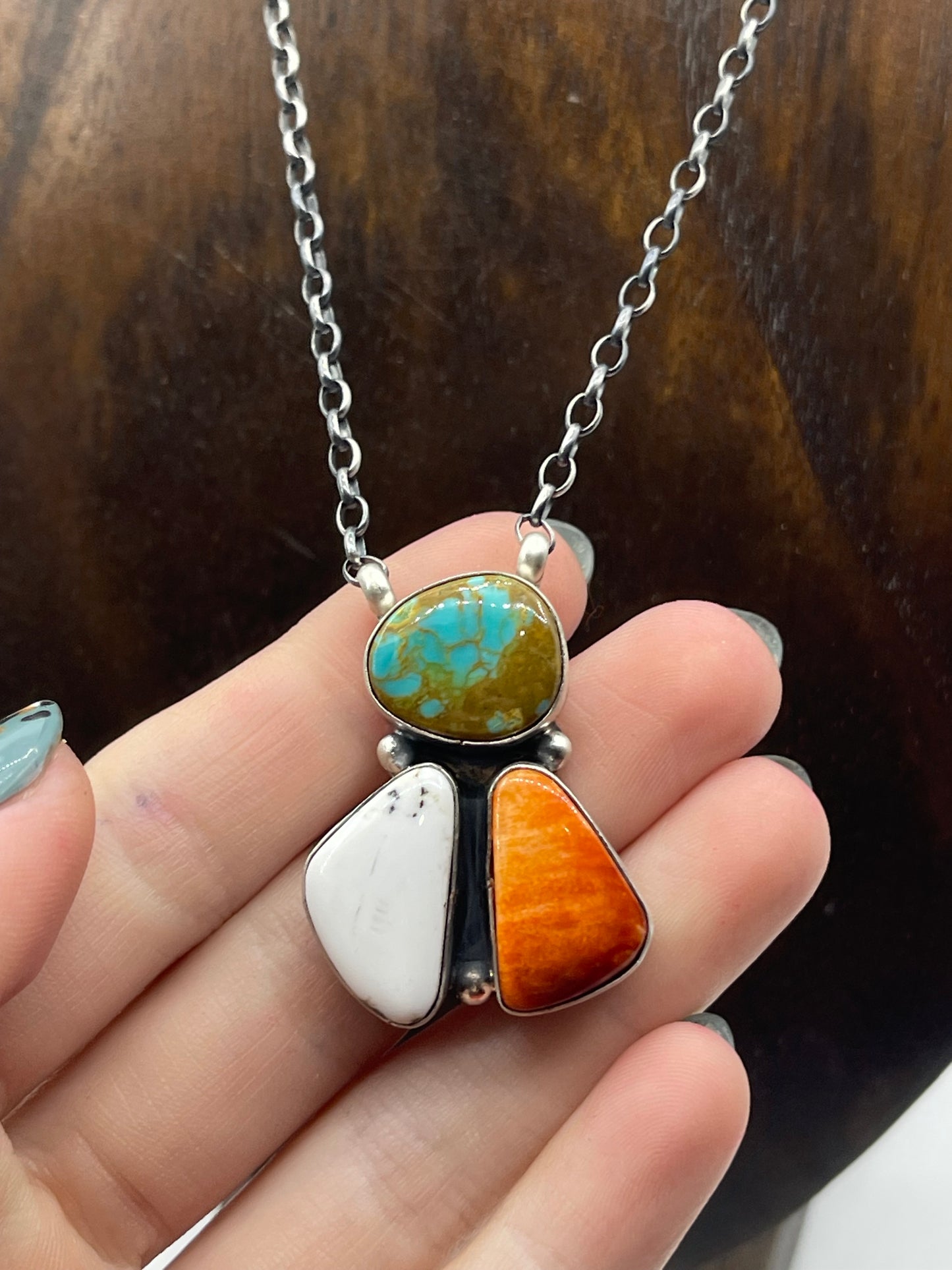 16" White Buffalo, Turquoise, and Orange Spiny Oyster Necklace by Donovan Skeets, Navajo
