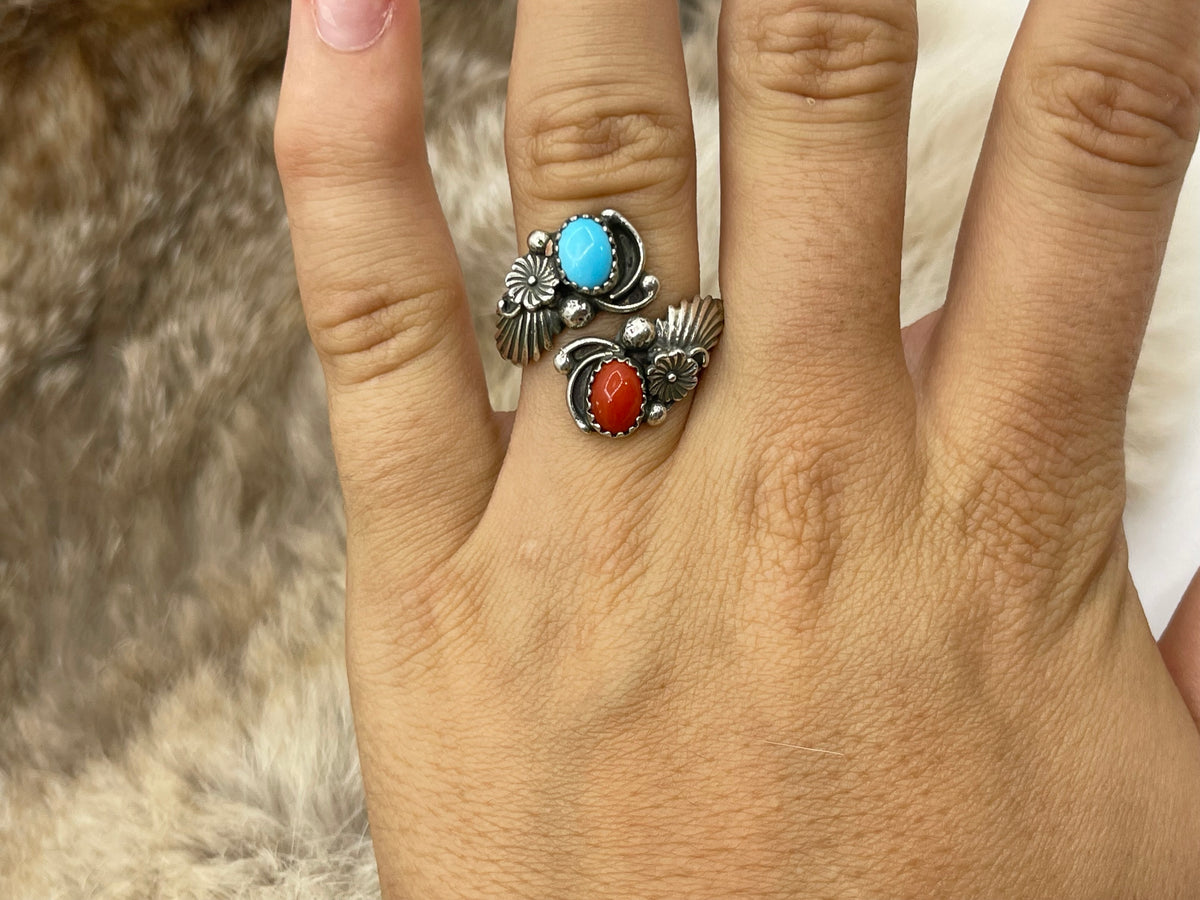 8.0 Semi-Adjustable Red Coral & Turquoise Ring by Ella Belin, Navajo