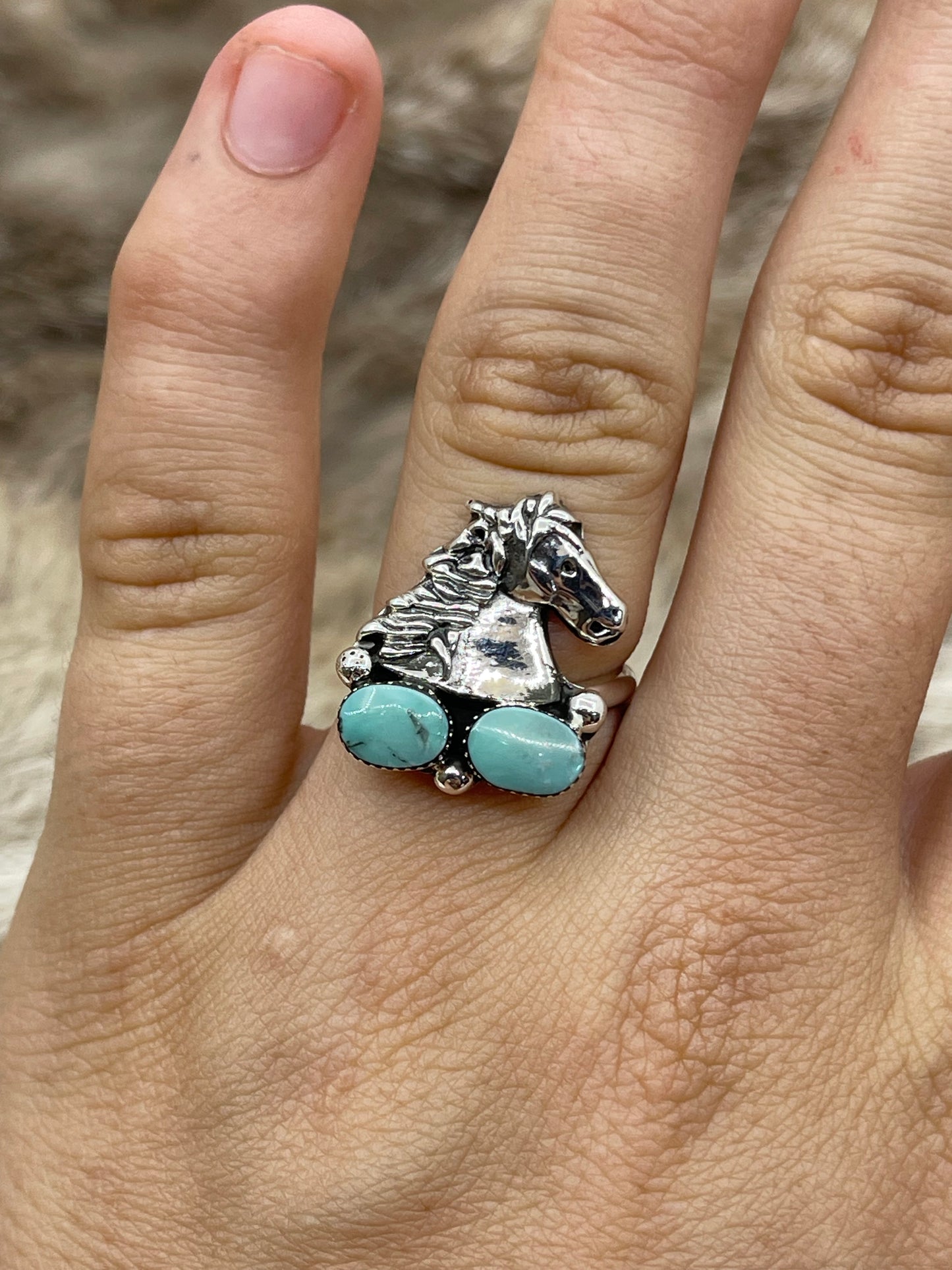 6.5 Horse with 2 Turquoise Stones Semi-Adjustable Ring by Sonyei Coho, Navajo