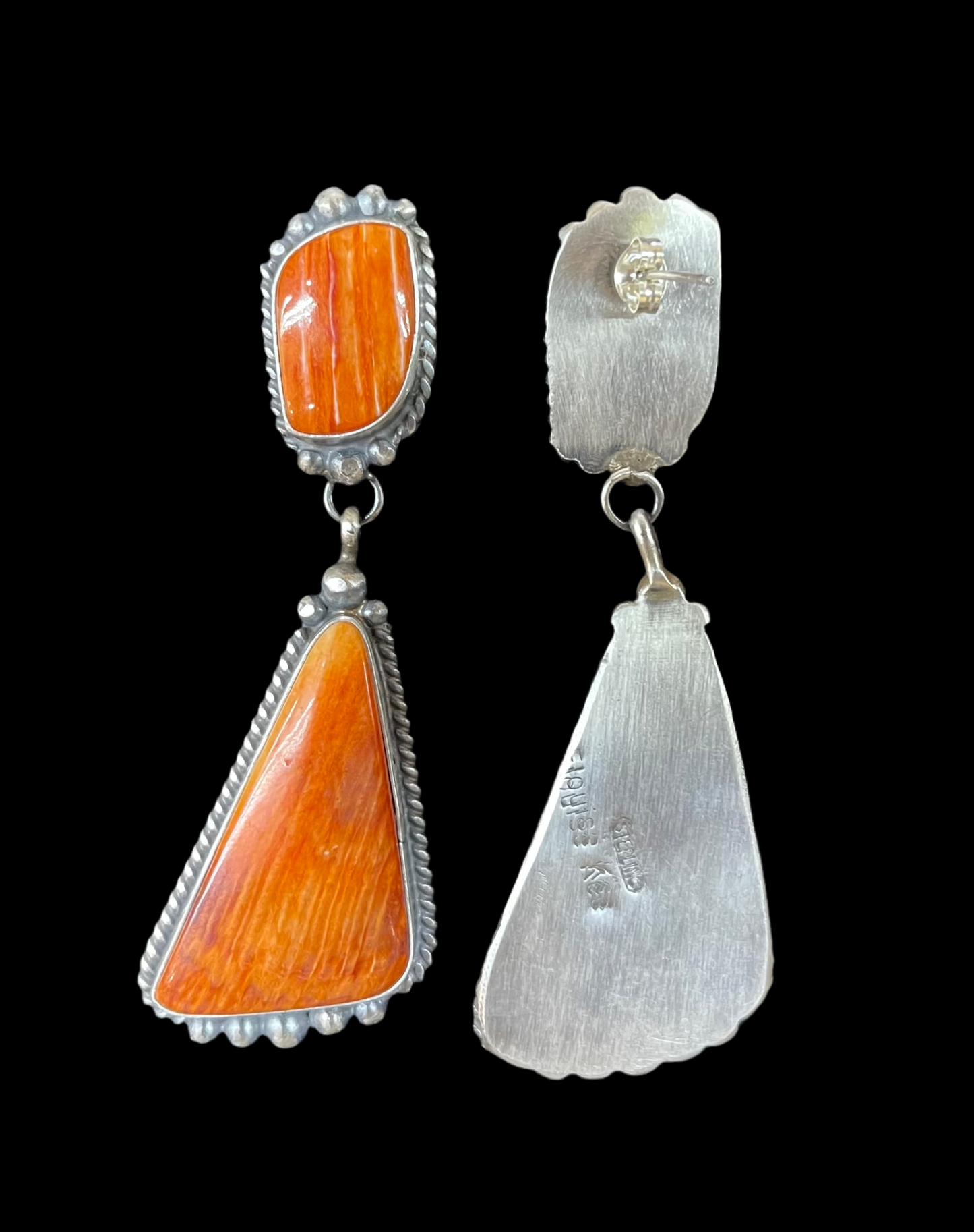 Orange Spiny Oyster Shell 2-Stone Post Dangle Earrings by Elouise Kee, Navajo