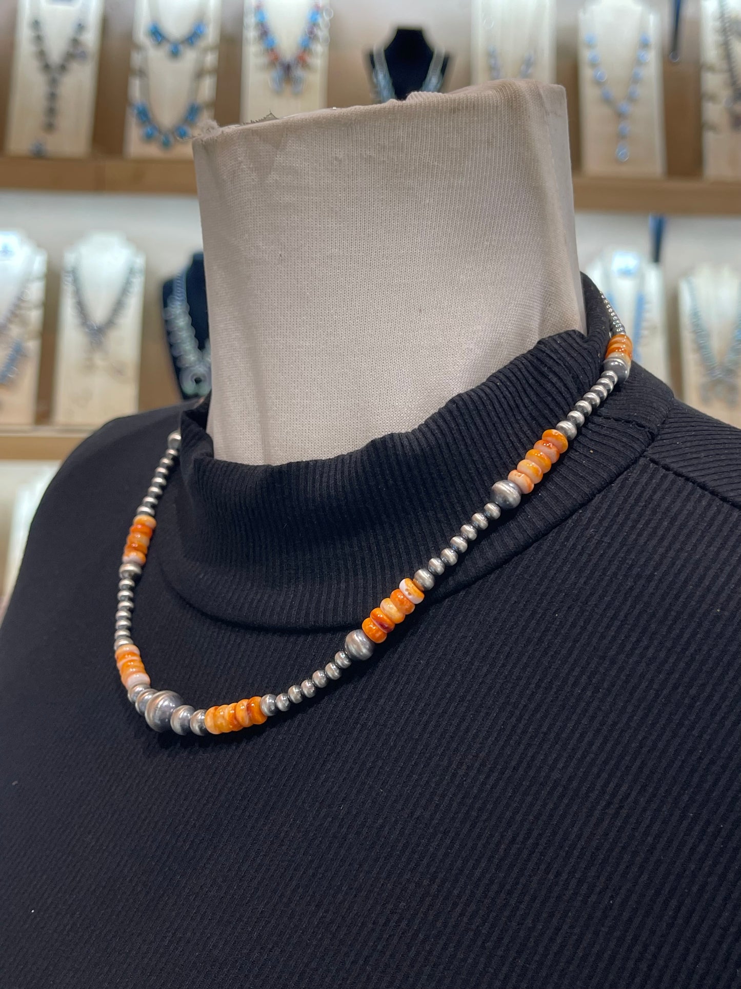 18"+2" Extender Varied 10mm Orange Spiny Oyster & Navajo Style Pearls