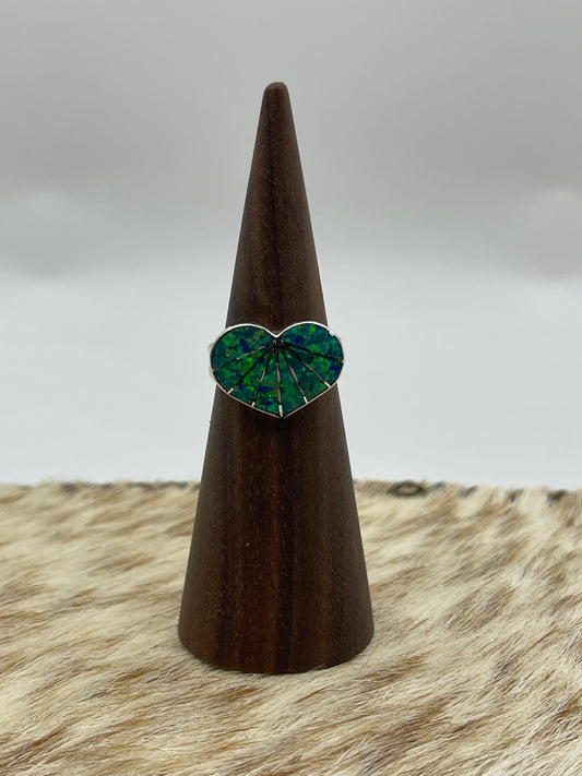 6.5 Green Opal Inlay Heart Ring by Gina Dosedo, Zuni