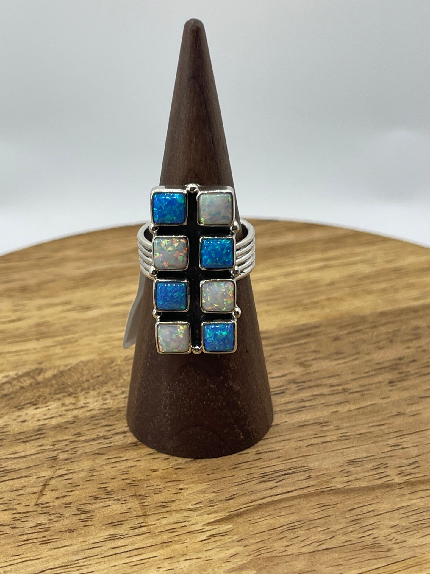 White And Blue Checkered Opal Ring